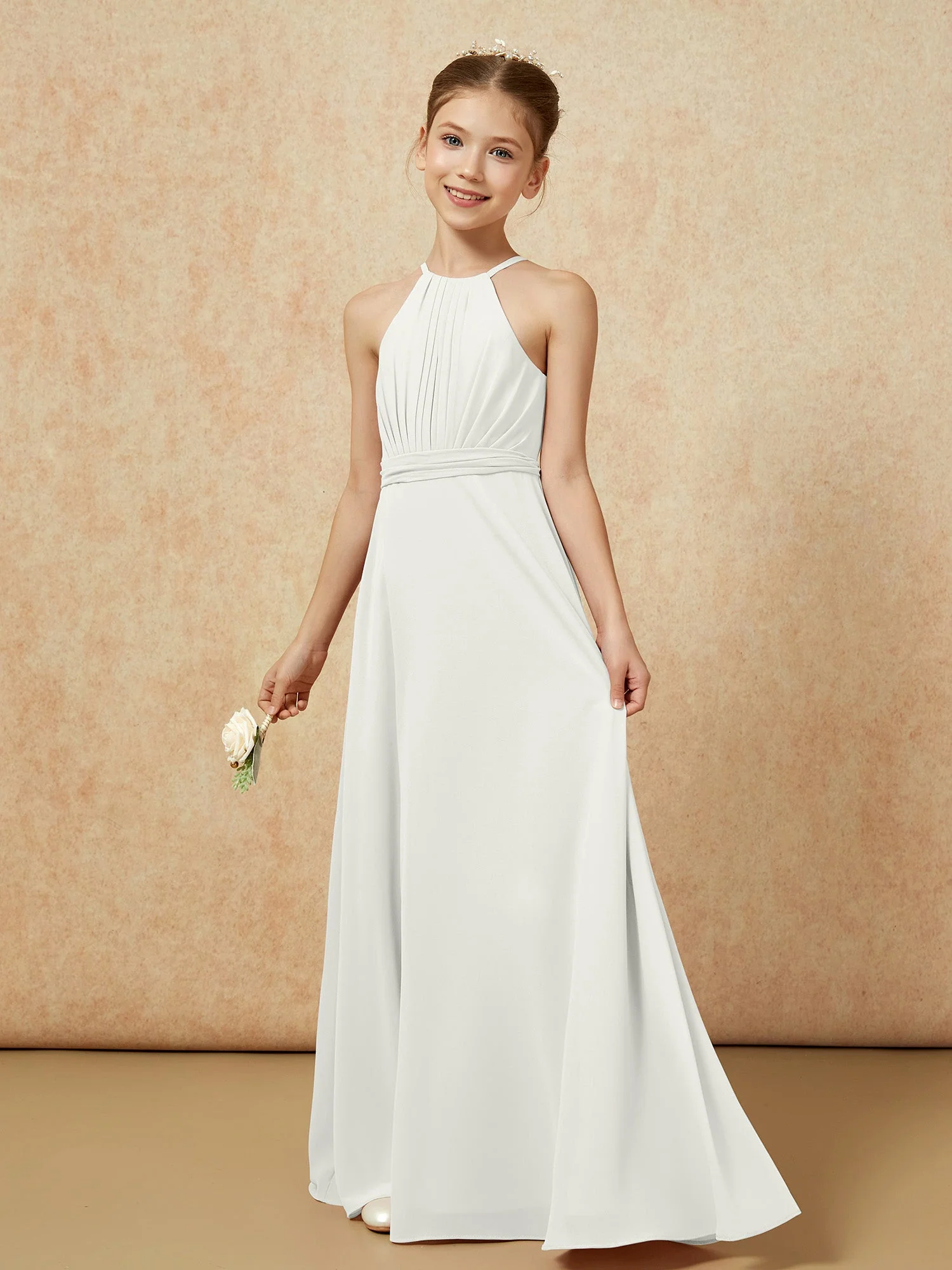Ärmellos Plissee Lang Chiffon Junge Brautjungfernkleider Elfenbein - Image 3