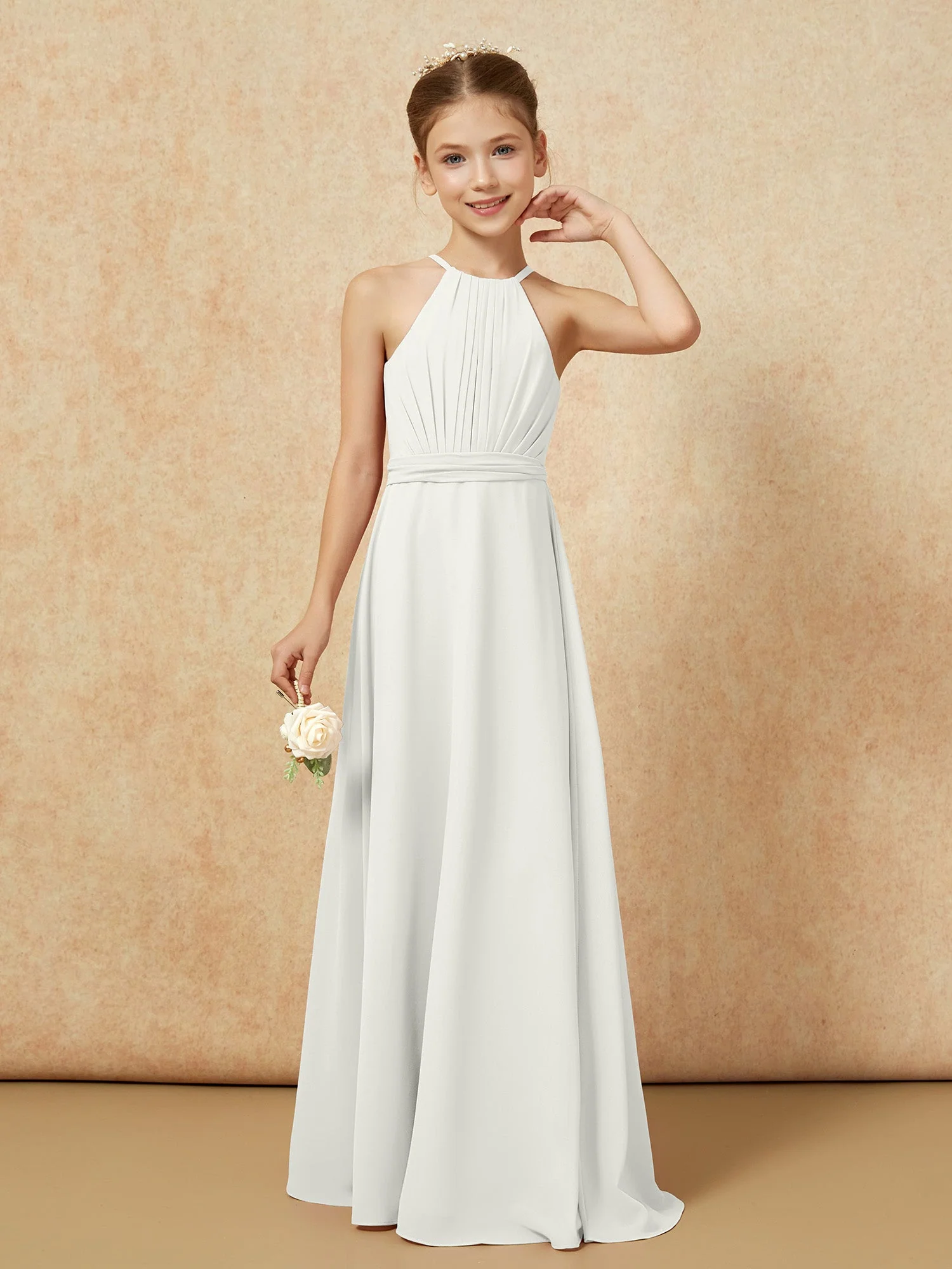 Ärmellos Plissee Lang Chiffon Junge Brautjungfernkleider Elfenbein - Image 5