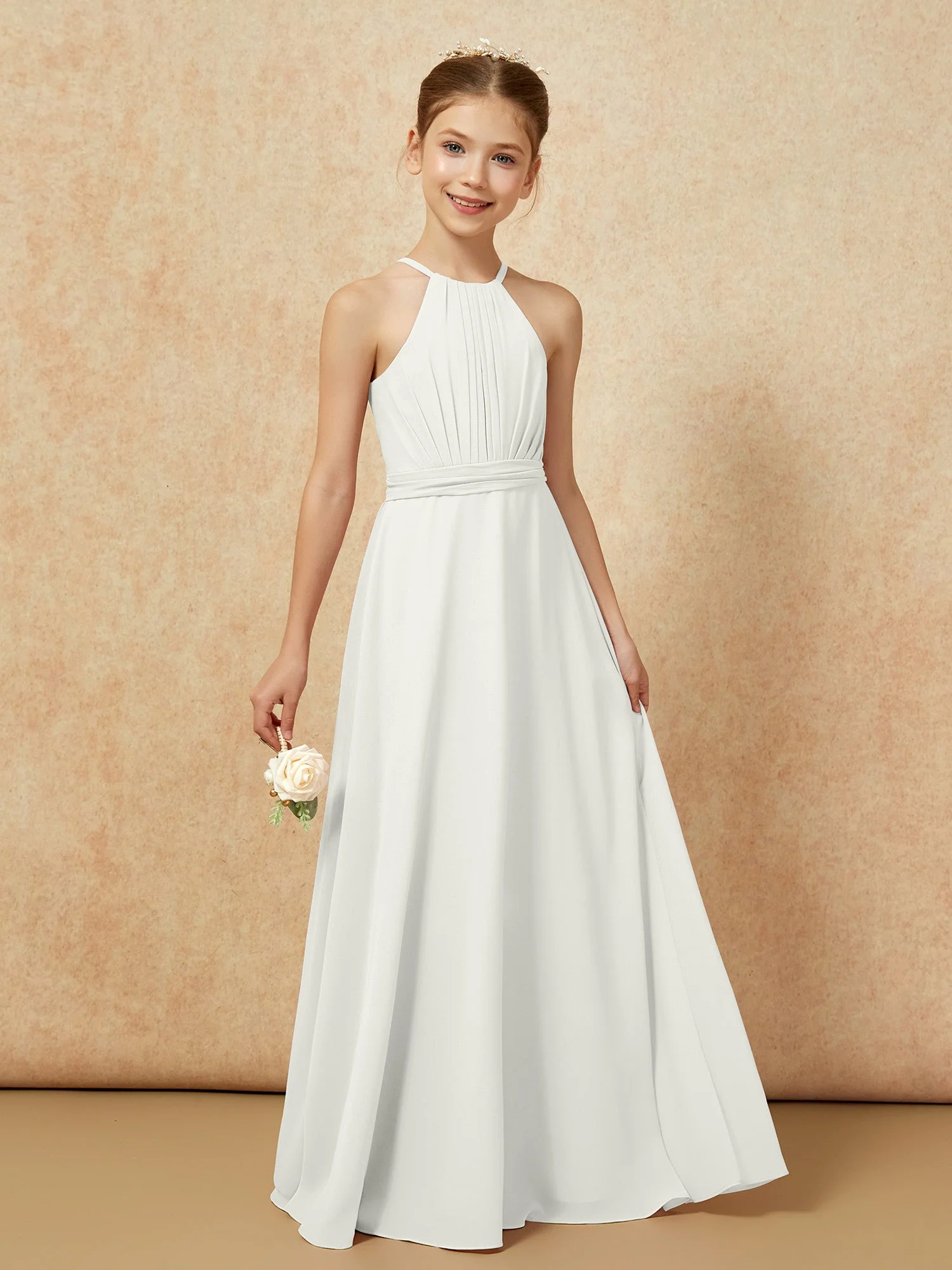 Ärmellos Plissee Lang Chiffon Junge Brautjungfernkleider Elfenbein - Image 6