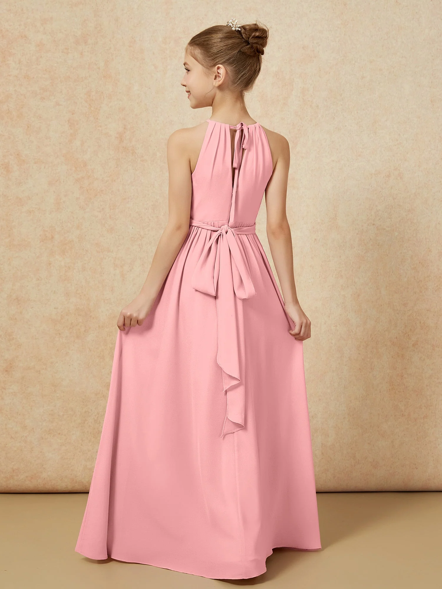 Ärmellos Plissee Lang Chiffon Junge Brautjungfernkleider Flamingo - Image 2
