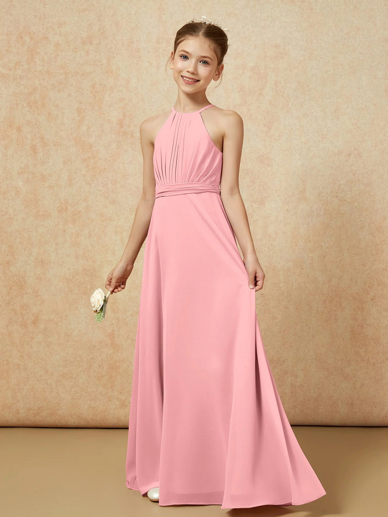 Ärmellos Plissee Lang Chiffon Junge Brautjungfernkleider Flamingo - Image 3