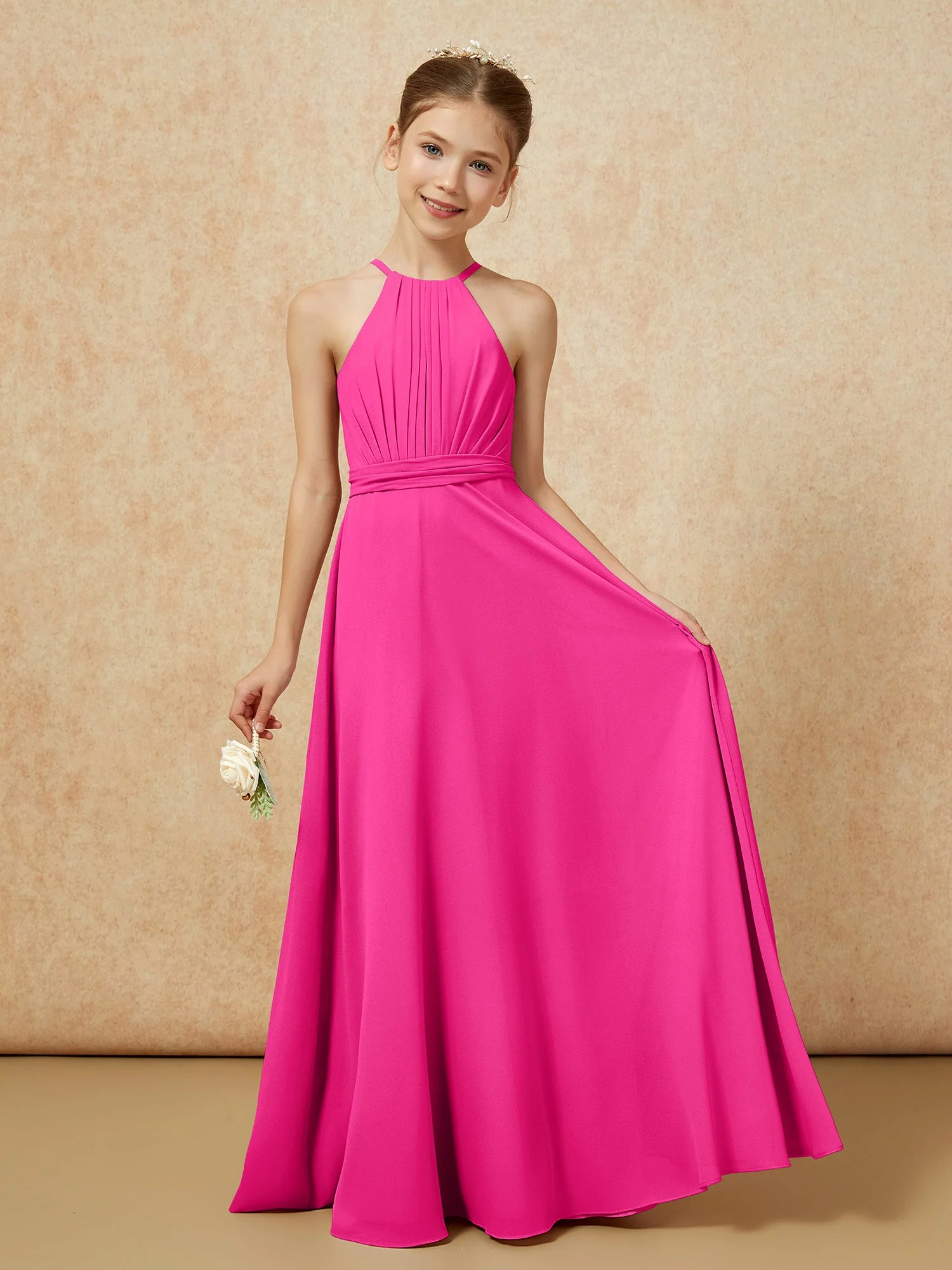 Ärmellos Plissee Lang Chiffon Junge Brautjungfernkleider Fuchsia