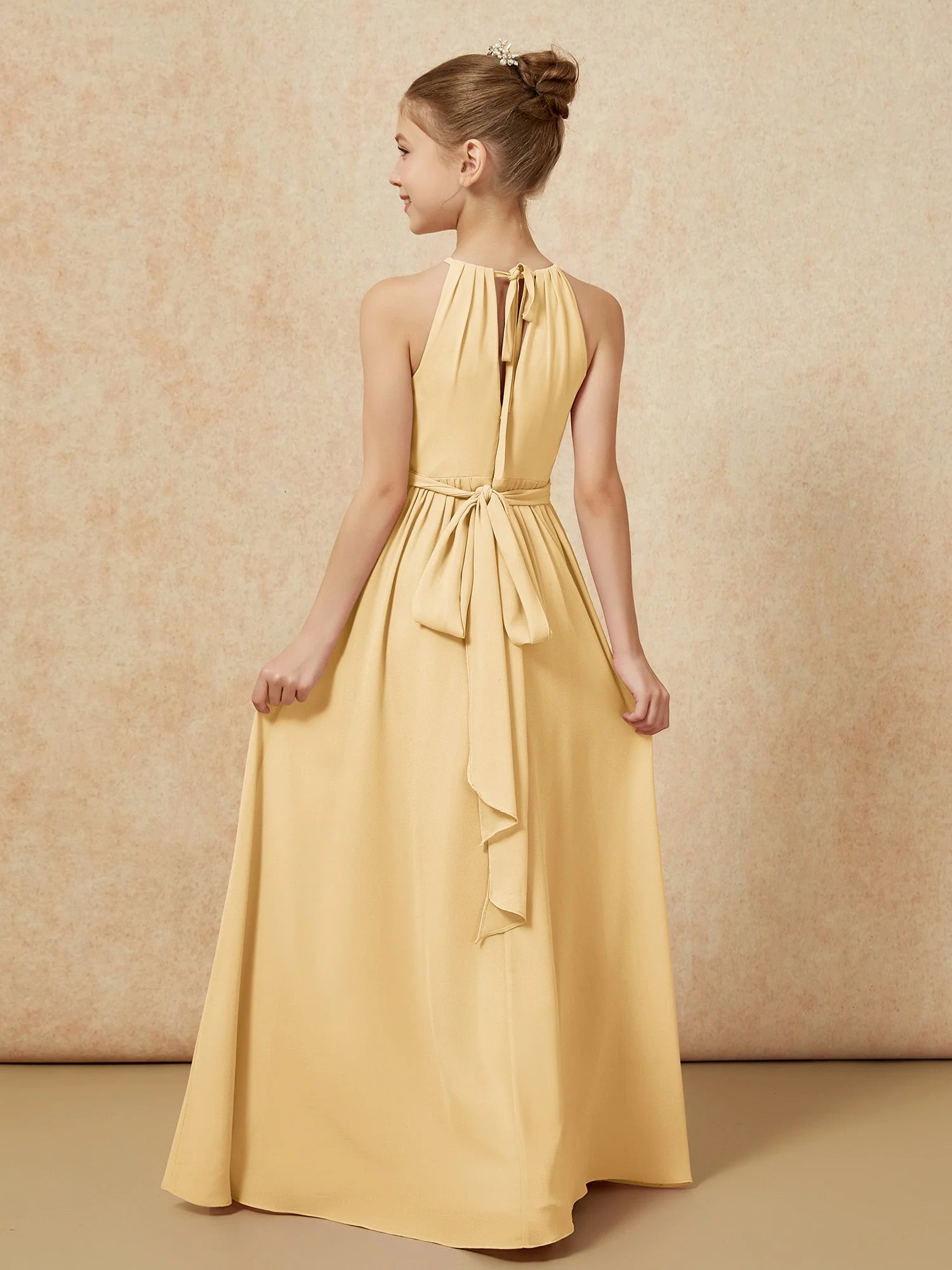 Ärmellos Plissee Lang Chiffon Junge Brautjungfernkleider Gold - Image 2