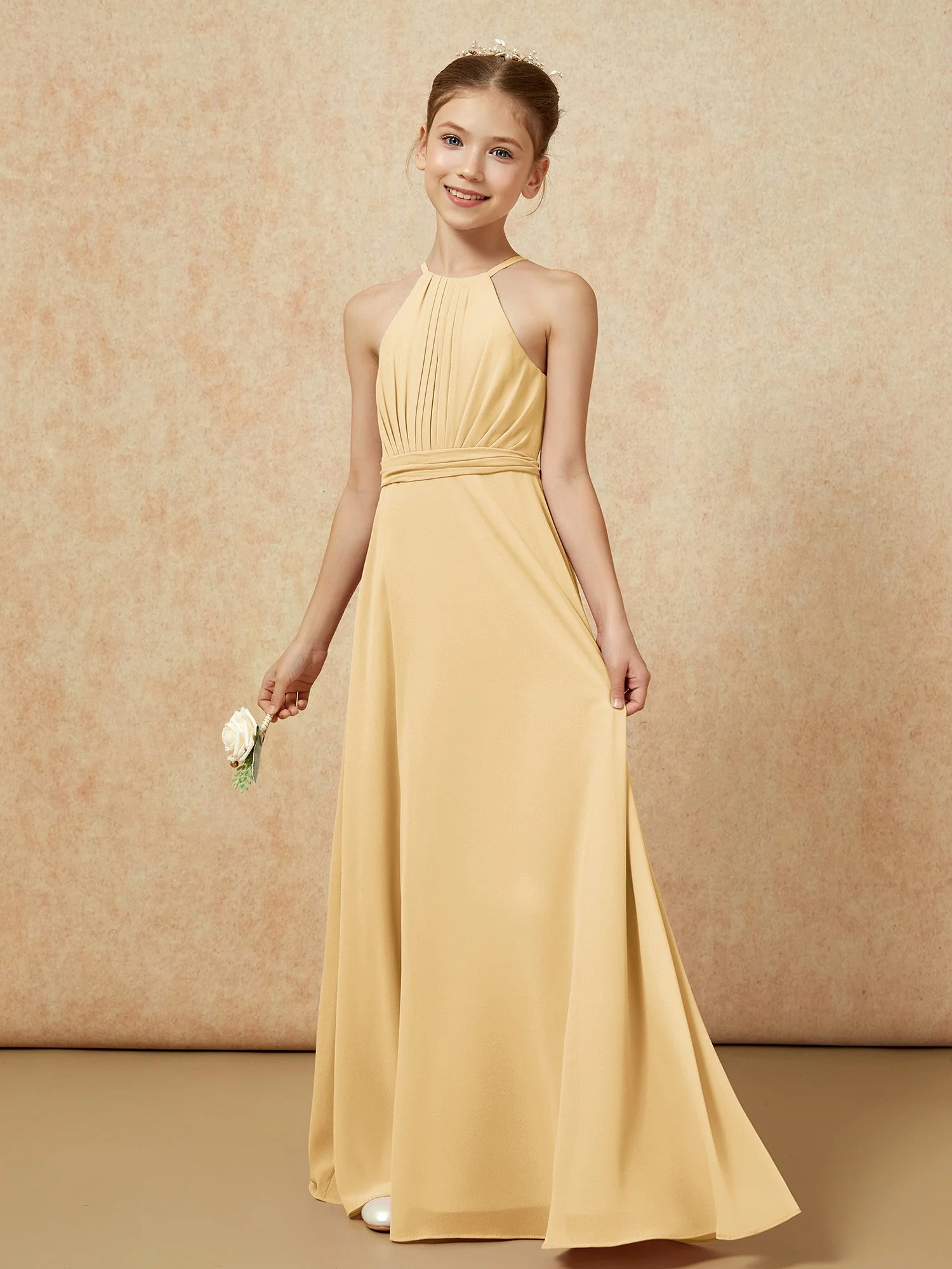 Ärmellos Plissee Lang Chiffon Junge Brautjungfernkleider Gold - Image 3