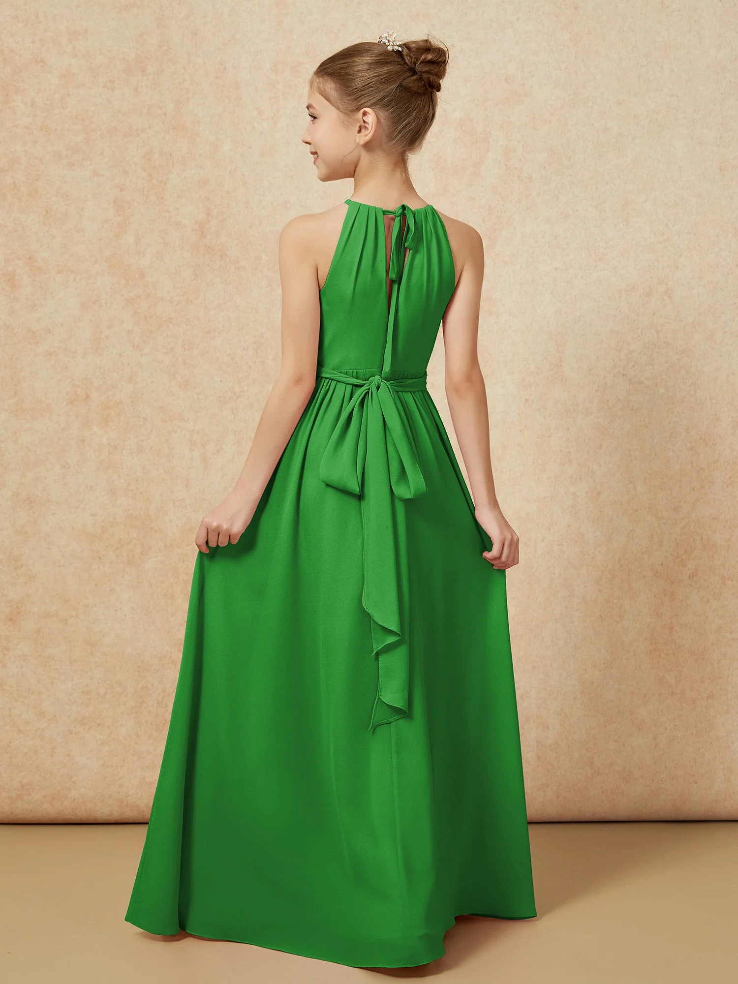 Ärmellos Plissee Lang Chiffon Junge Brautjungfernkleider Grün - Image 2