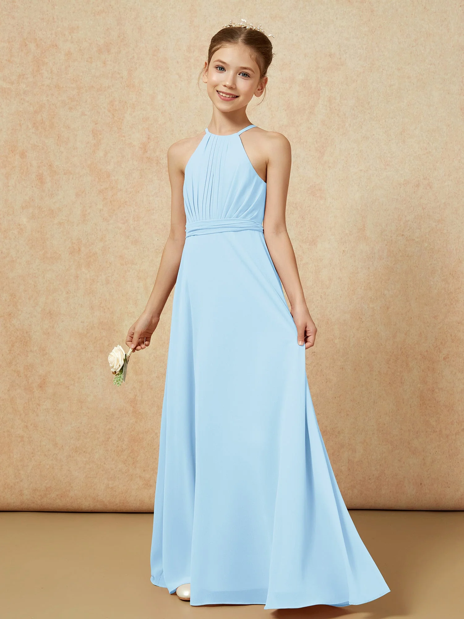 Ärmellos Plissee Lang Chiffon Junge Brautjungfernkleider Himmelblau - Image 3