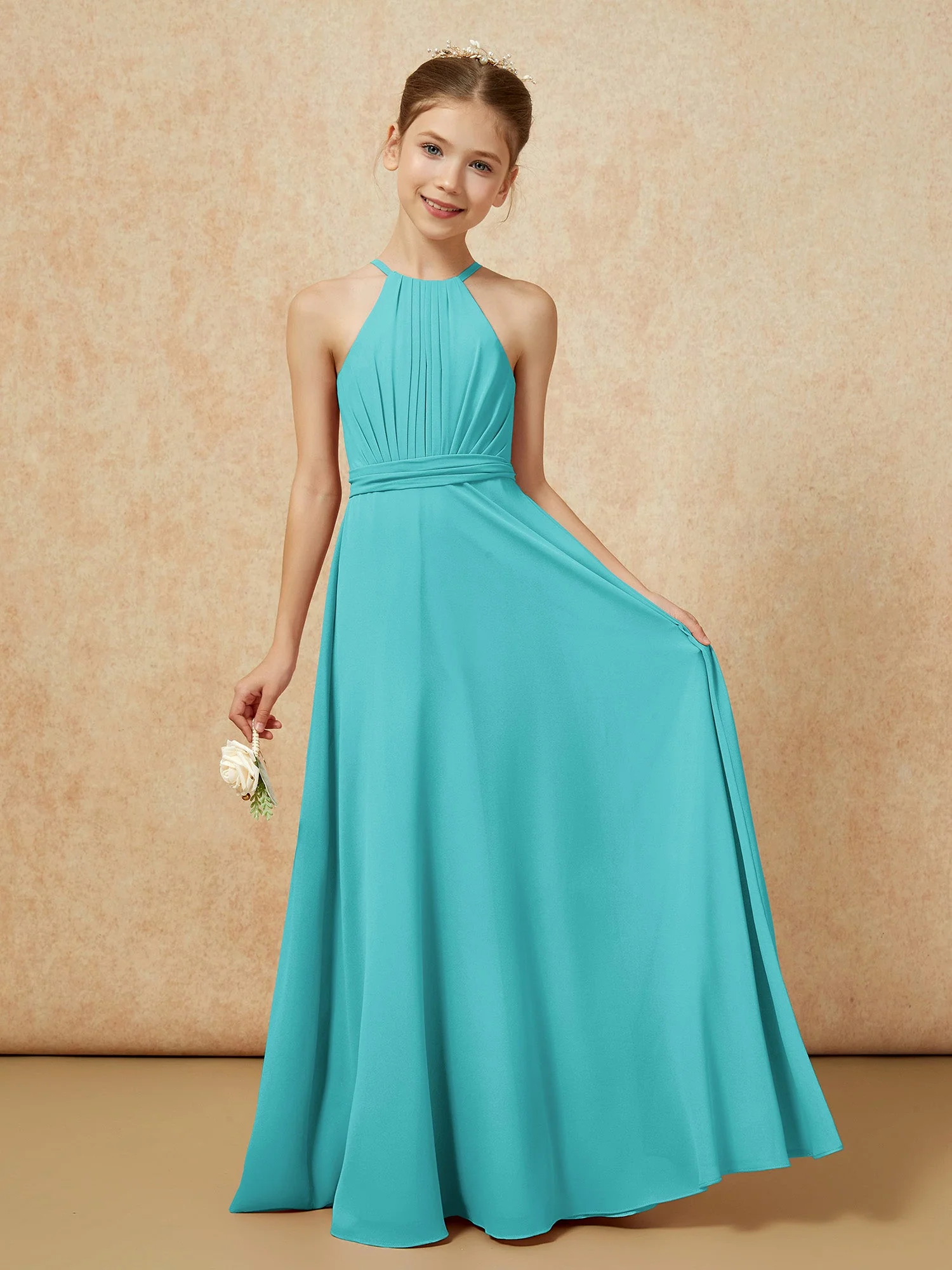 Ärmellos Plissee Lang Chiffon Junge Brautjungfernkleider Jade