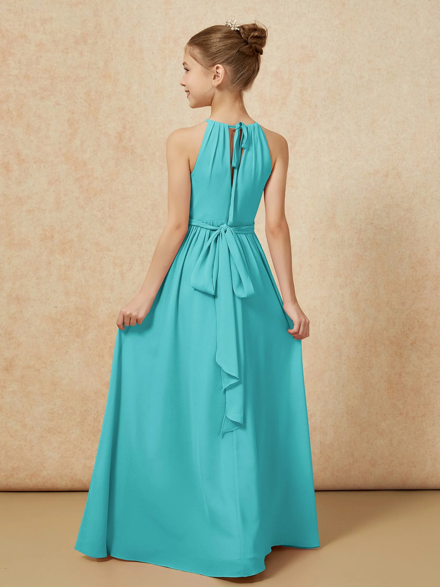 Ärmellos Plissee Lang Chiffon Junge Brautjungfernkleider Jade - Image 2