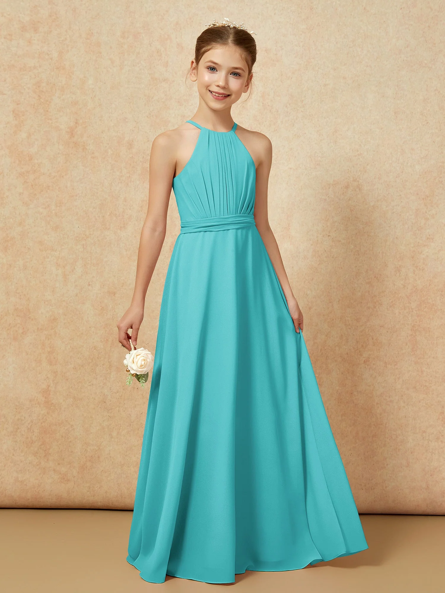 Ärmellos Plissee Lang Chiffon Junge Brautjungfernkleider Jade - Image 6
