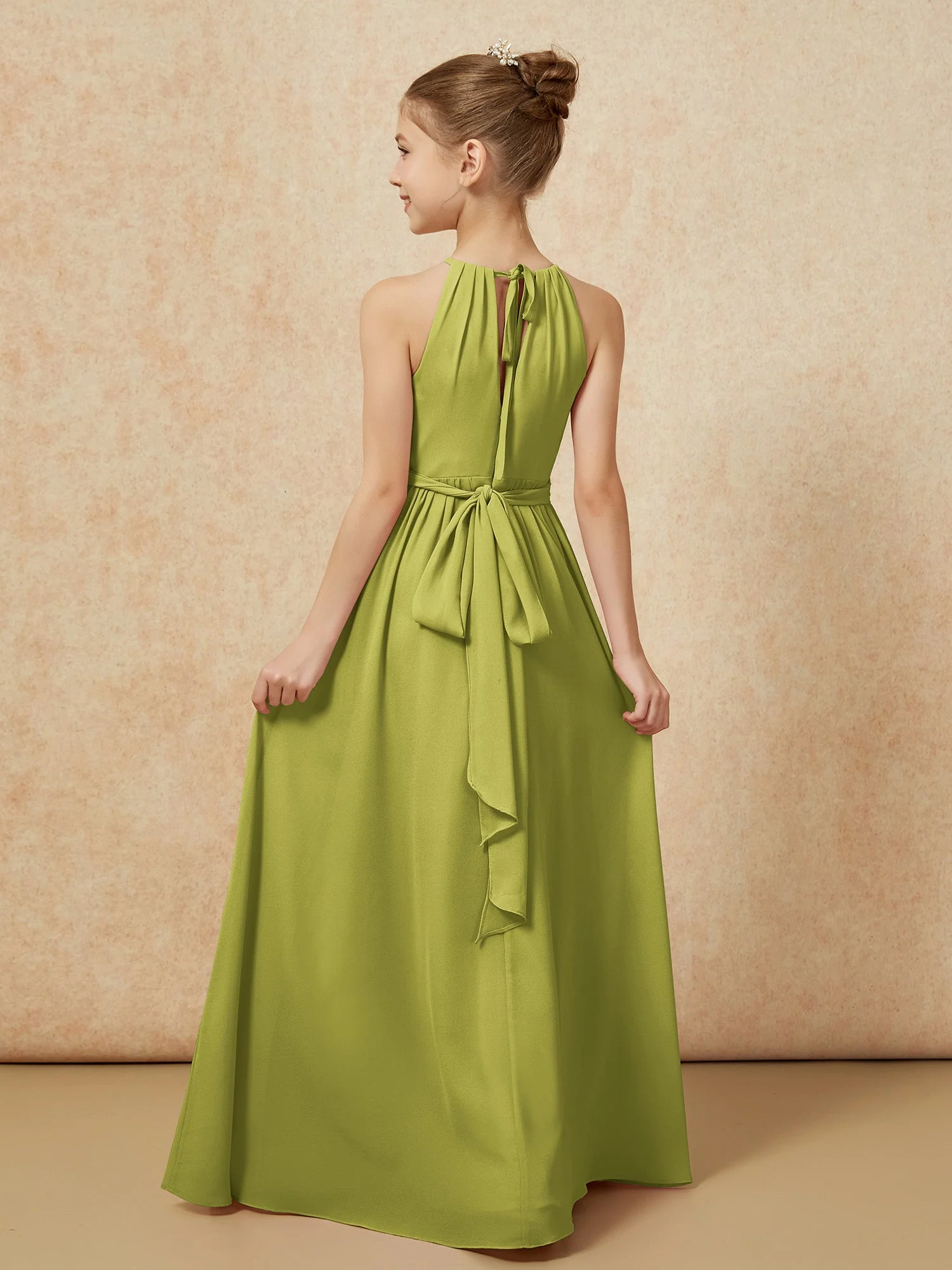 Ärmellos Plissee Lang Chiffon Junge Brautjungfernkleider Kleegrün - Image 2
