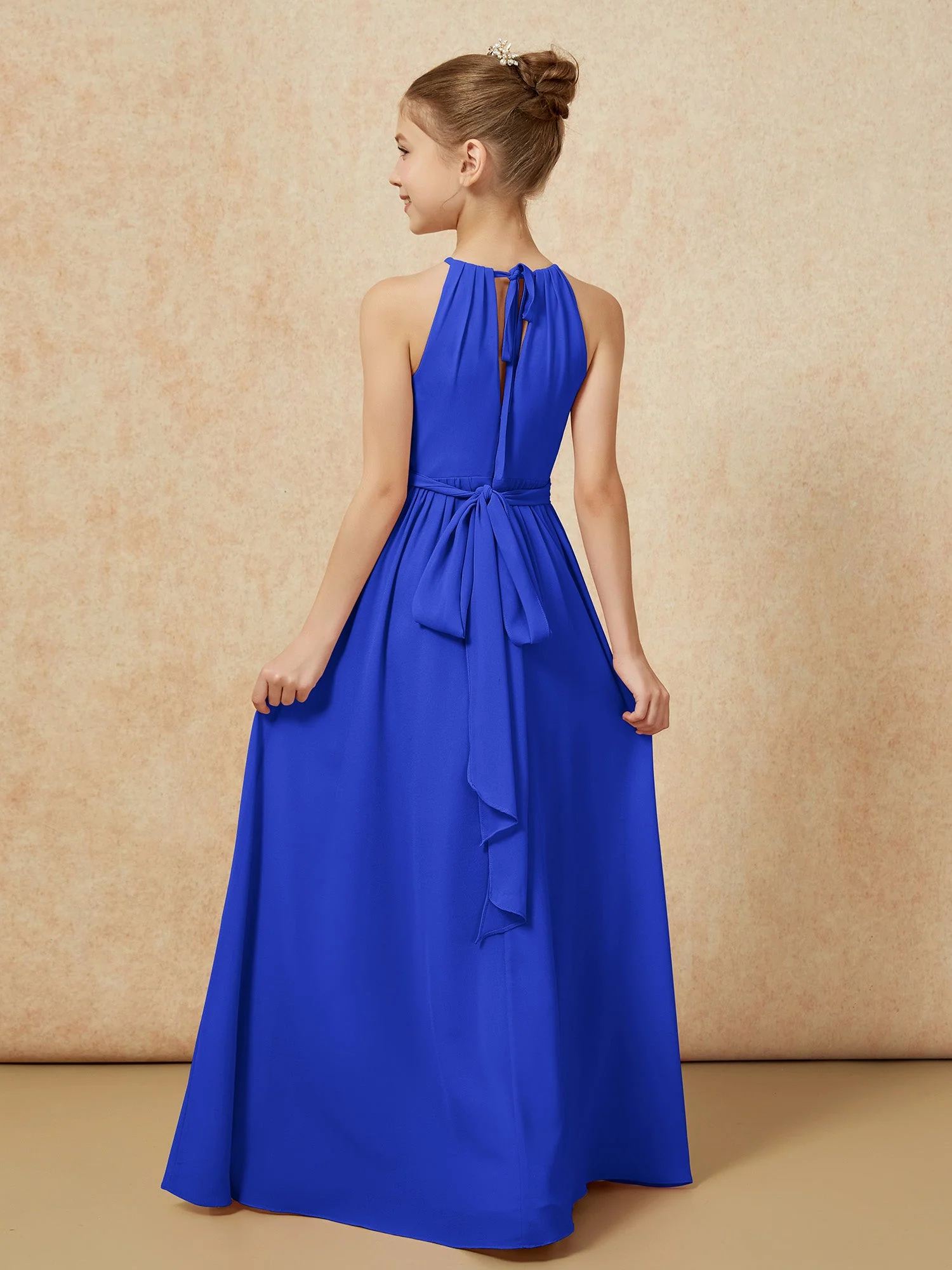 Ärmellos Plissee Lang Chiffon Junge Brautjungfernkleider Königsblau - Image 2
