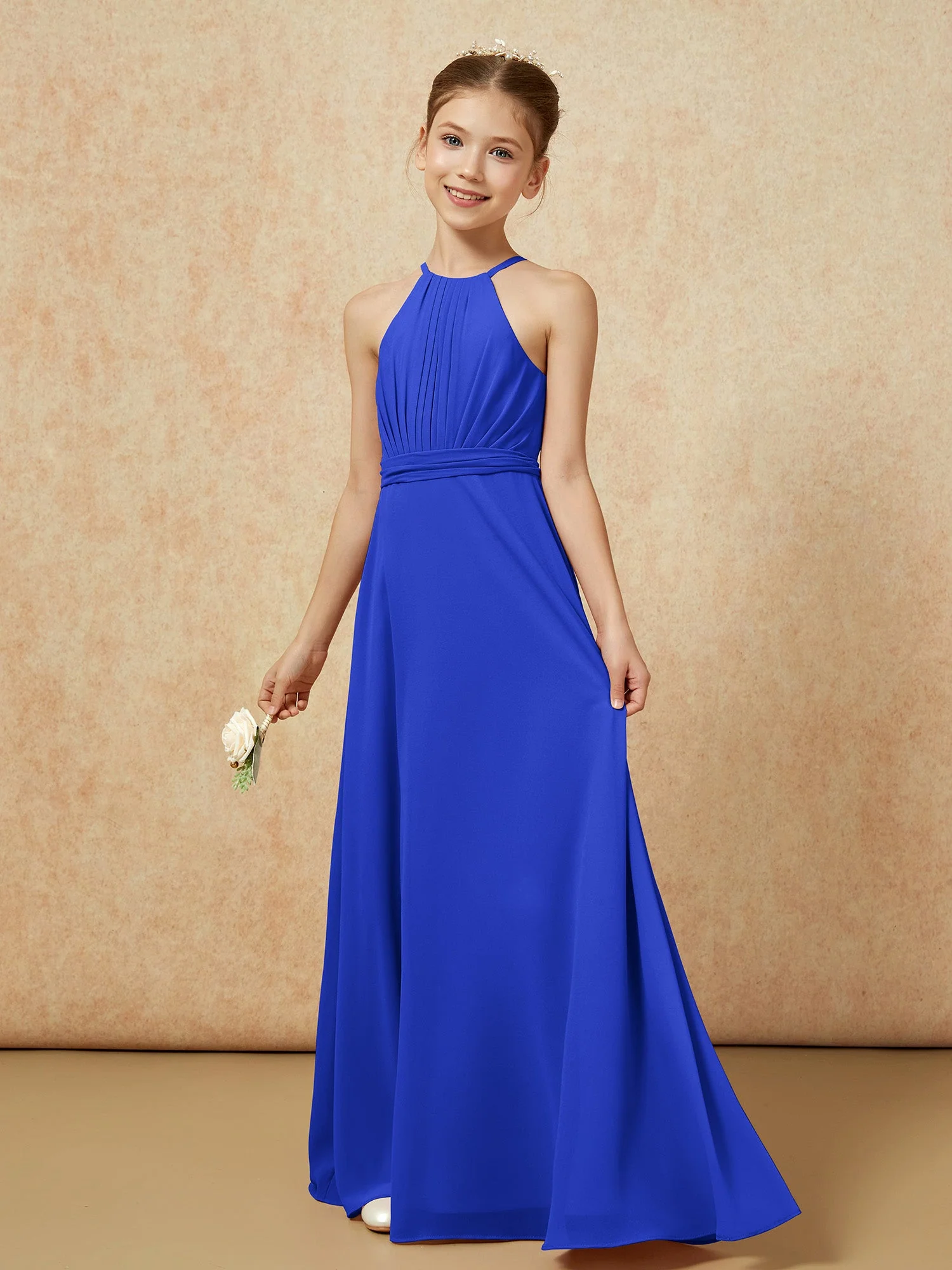 Ärmellos Plissee Lang Chiffon Junge Brautjungfernkleider Königsblau - Image 3