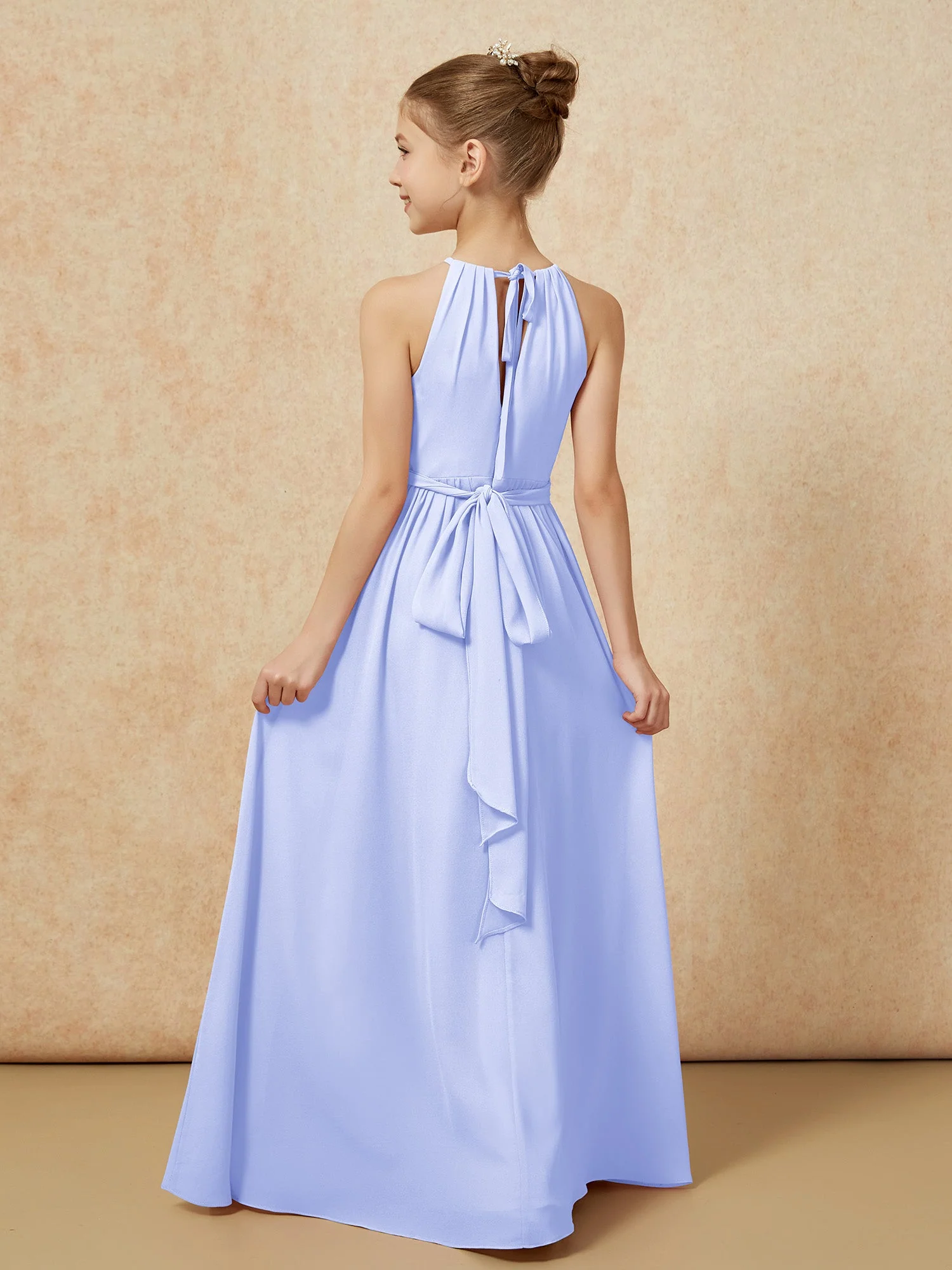 Ärmellos Plissee Lang Chiffon Junge Brautjungfernkleider Lavendel - Image 2