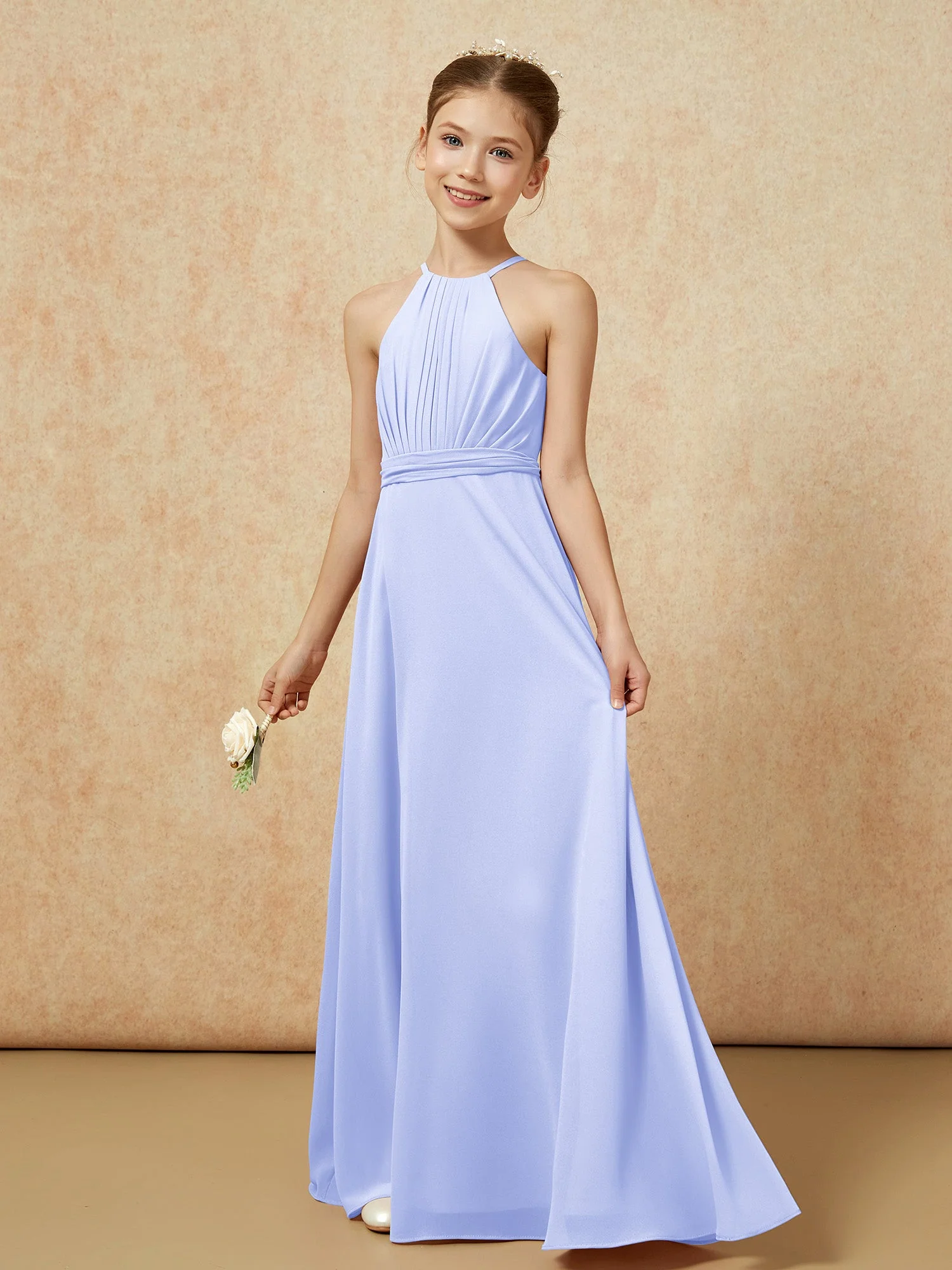 Ärmellos Plissee Lang Chiffon Junge Brautjungfernkleider Lavendel - Image 3