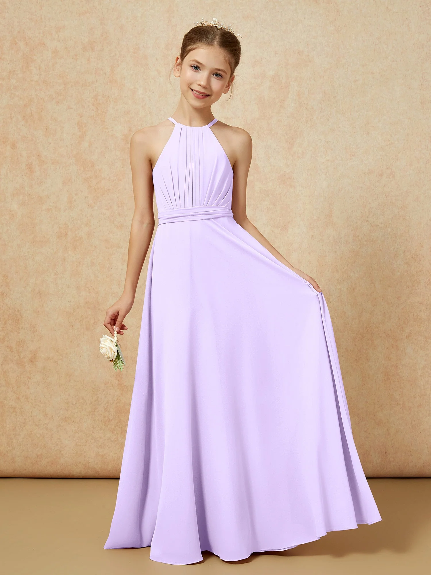 Ärmellos Plissee Lang Chiffon Junge Brautjungfernkleider Lila