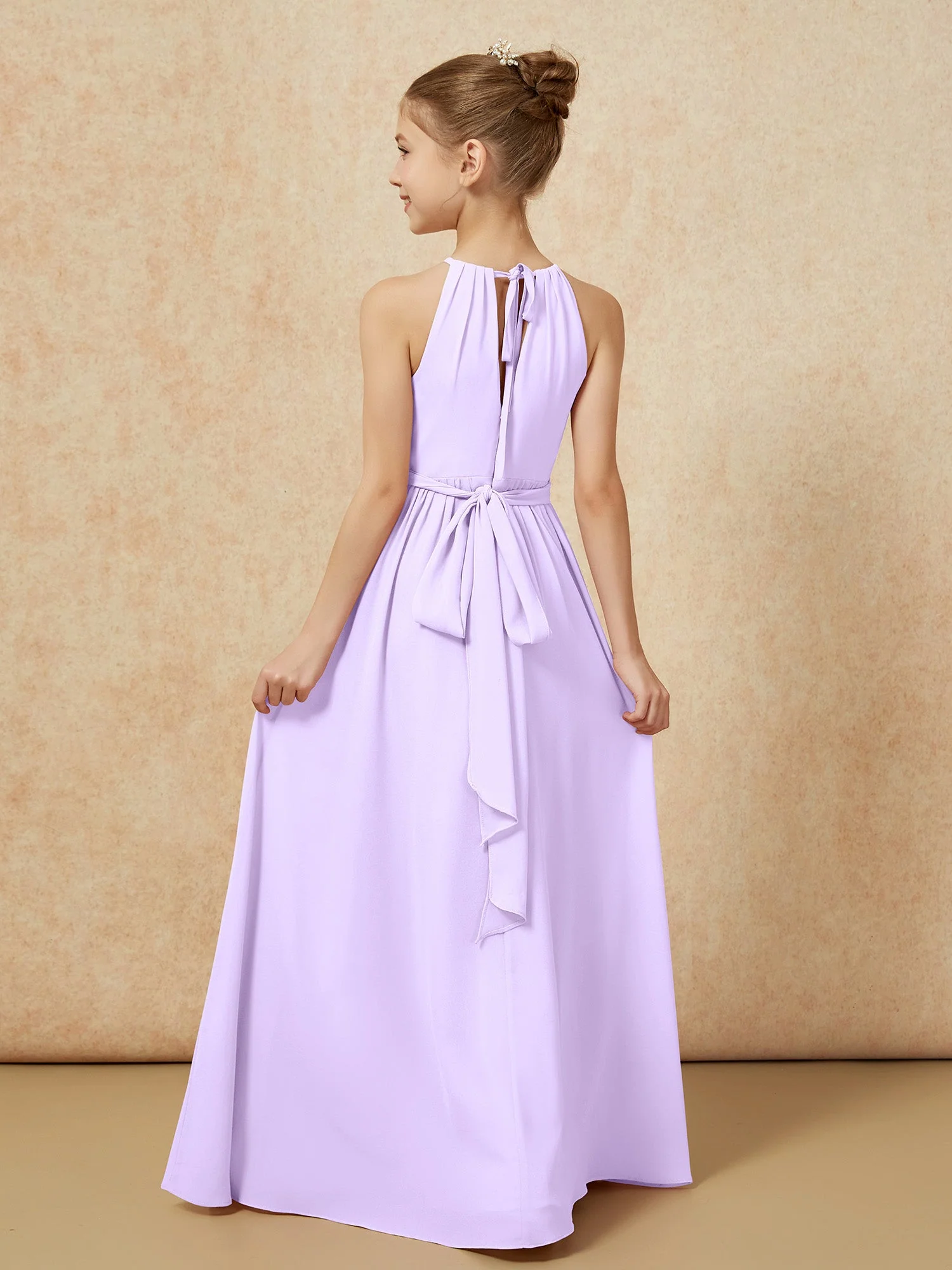 Ärmellos Plissee Lang Chiffon Junge Brautjungfernkleider Lila - Image 2