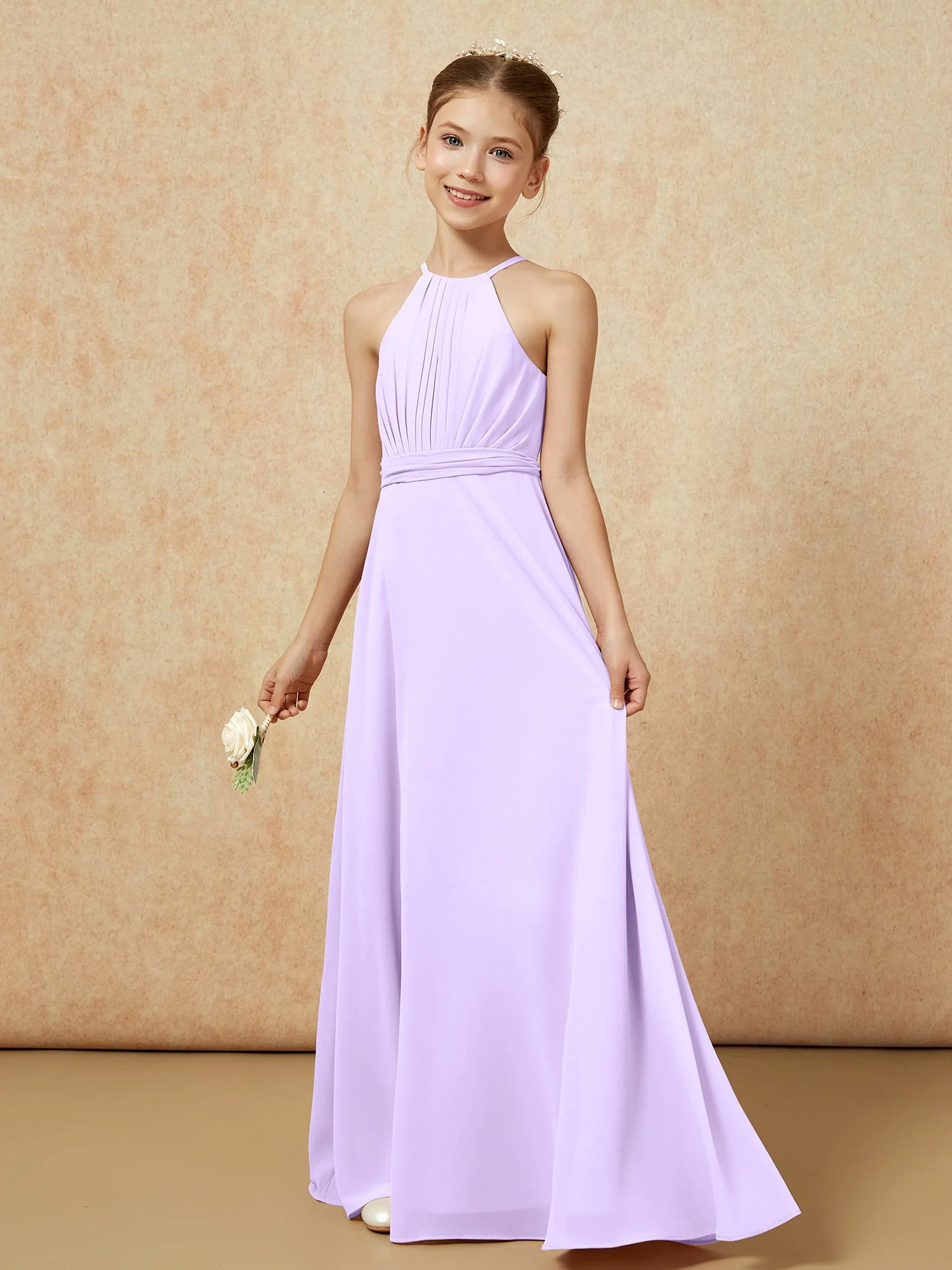 Ärmellos Plissee Lang Chiffon Junge Brautjungfernkleider Lila - Image 3