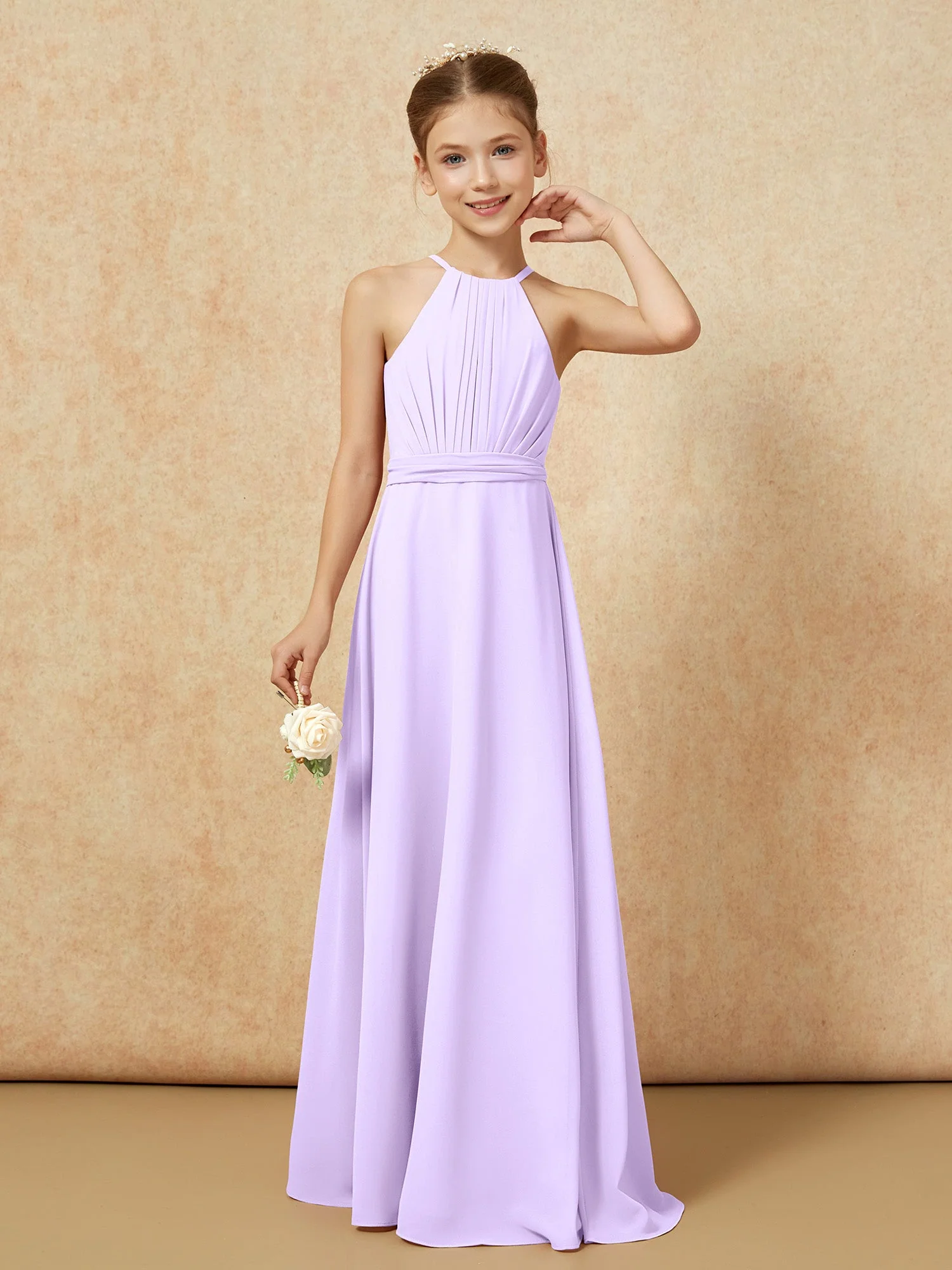 Ärmellos Plissee Lang Chiffon Junge Brautjungfernkleider Lila - Image 5