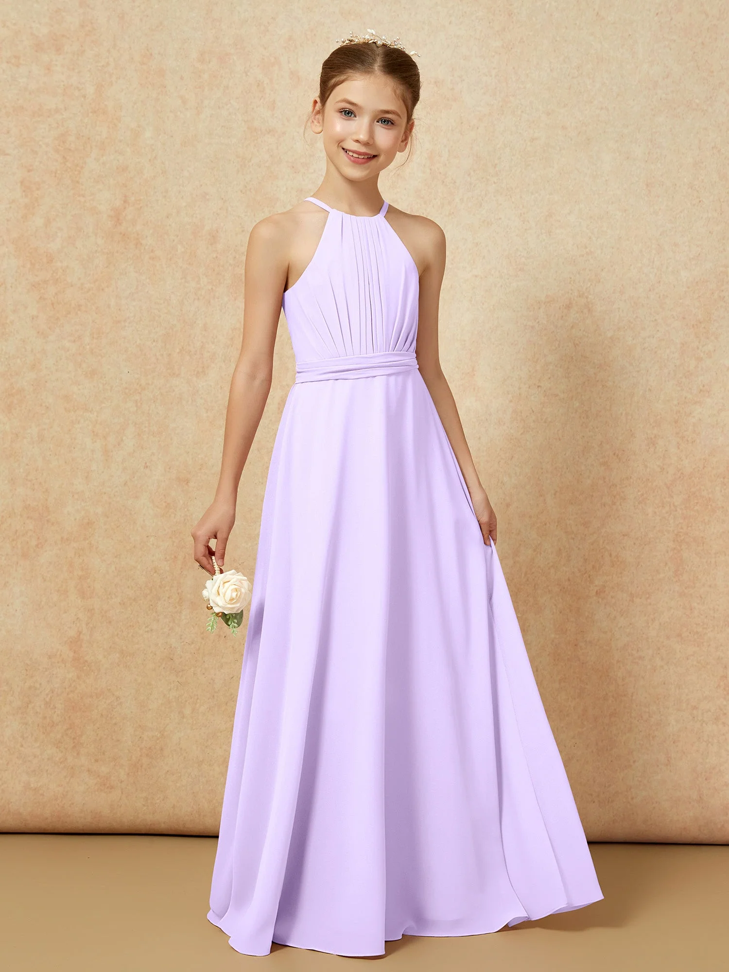 Ärmellos Plissee Lang Chiffon Junge Brautjungfernkleider Lila - Image 6