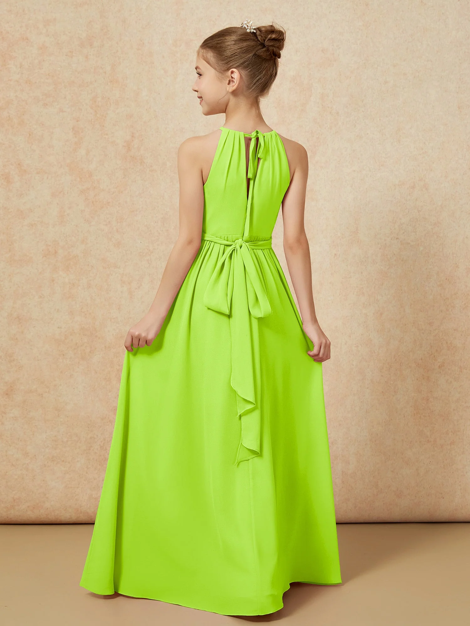 Ärmellos Plissee Lang Chiffon Junge Brautjungfernkleider Lindgrün - Image 2