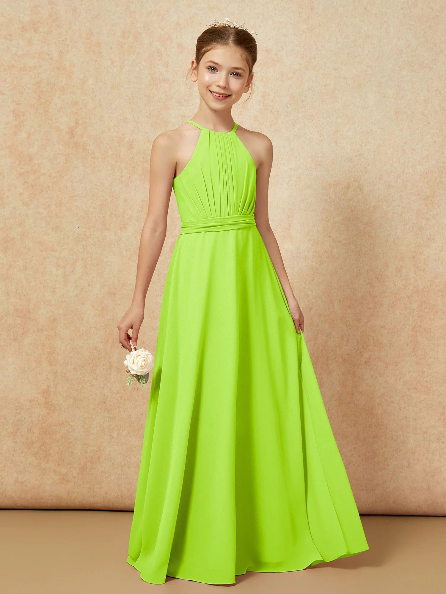 Ärmellos Plissee Lang Chiffon Junge Brautjungfernkleider Lindgrün - Image 6