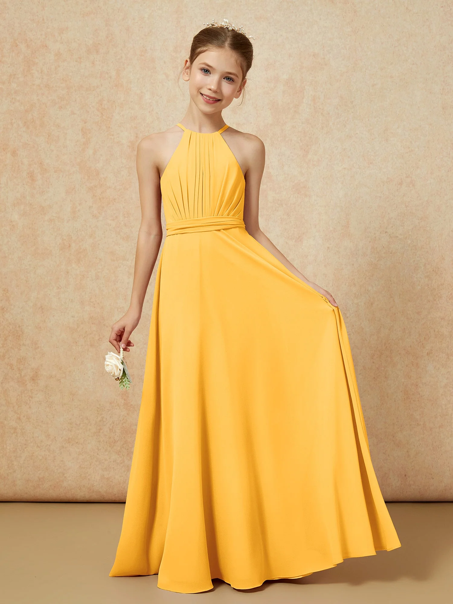 Ärmellos Plissee Lang Chiffon Junge Brautjungfernkleider Mandarine
