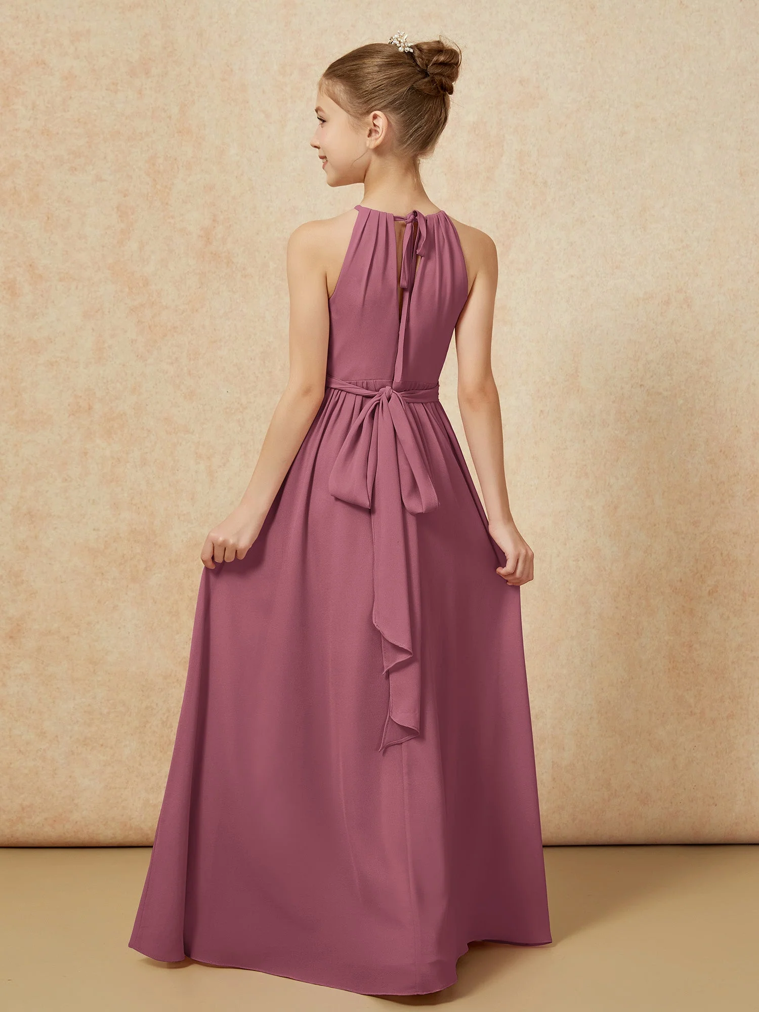 Ärmellos Plissee Lang Chiffon Junge Brautjungfernkleider Maulbeere - Image 2