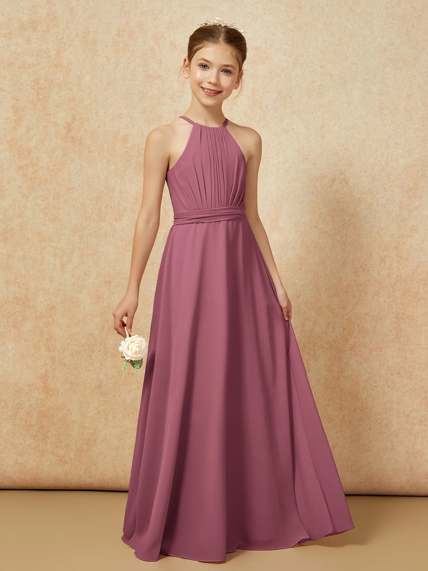 Ärmellos Plissee Lang Chiffon Junge Brautjungfernkleider Maulbeere - Image 6
