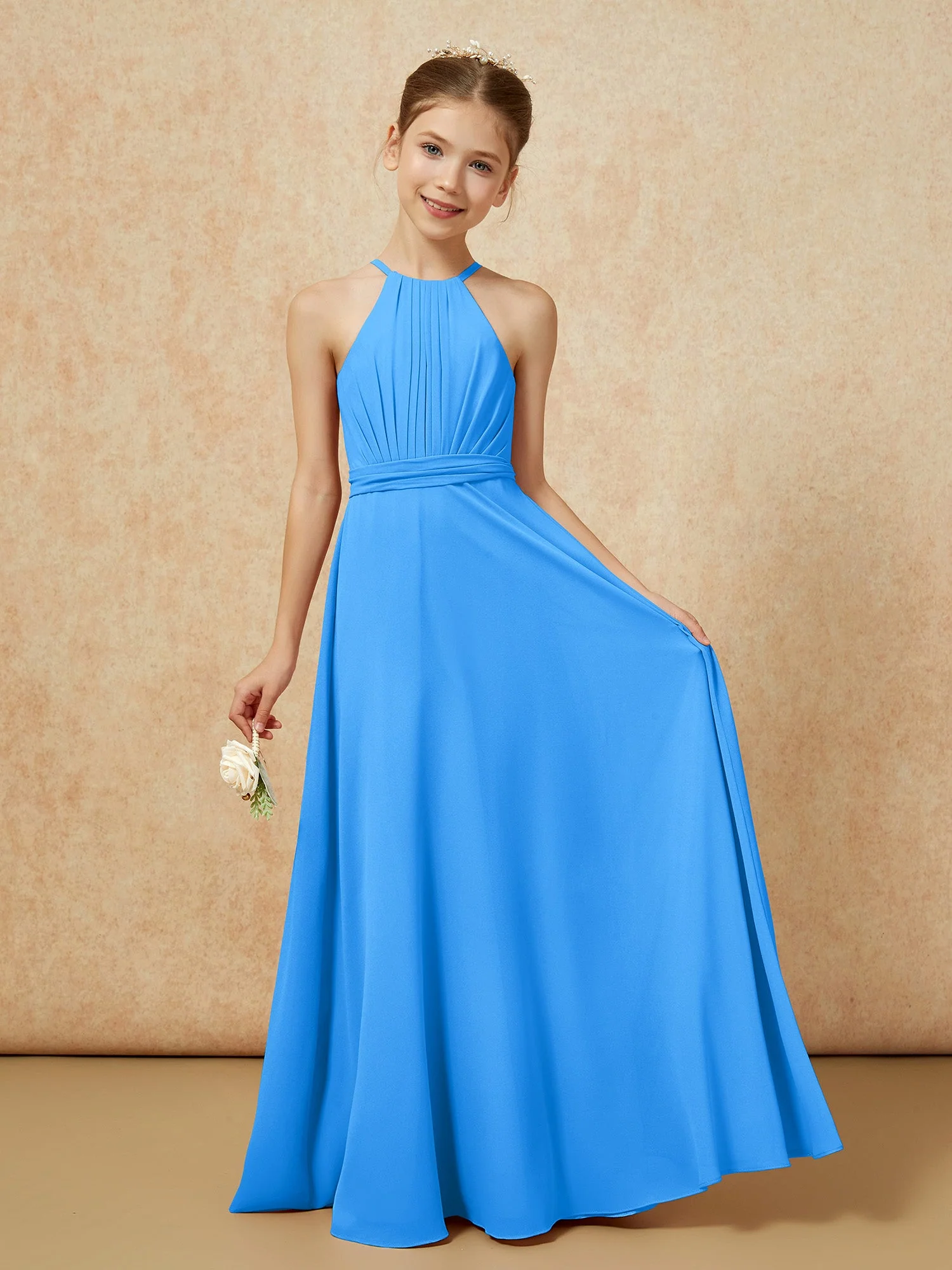 Ärmellos Plissee Lang Chiffon Junge Brautjungfernkleider Meerblau