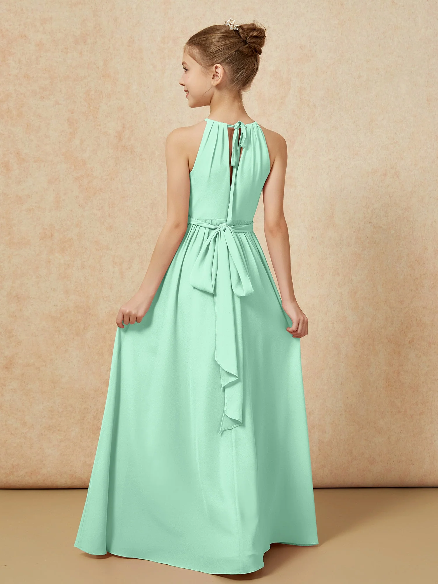 Ärmellos Plissee Lang Chiffon Junge Brautjungfernkleider Minzgrün - Image 2