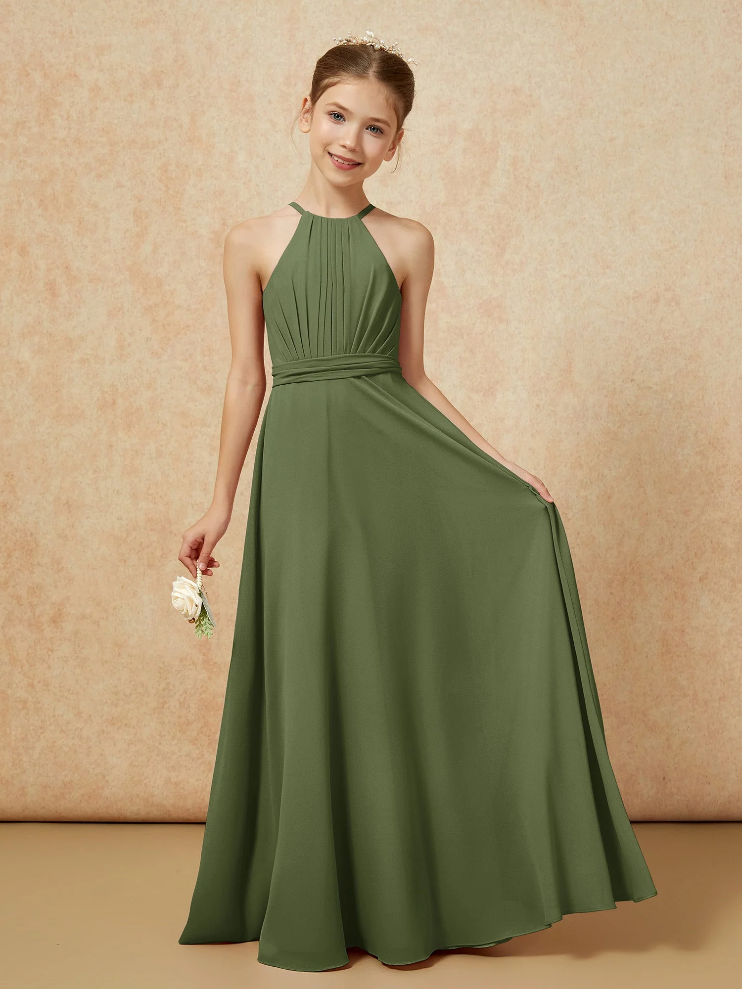 Ärmellos Plissee Lang Chiffon Junge Brautjungfernkleider Olivgrün