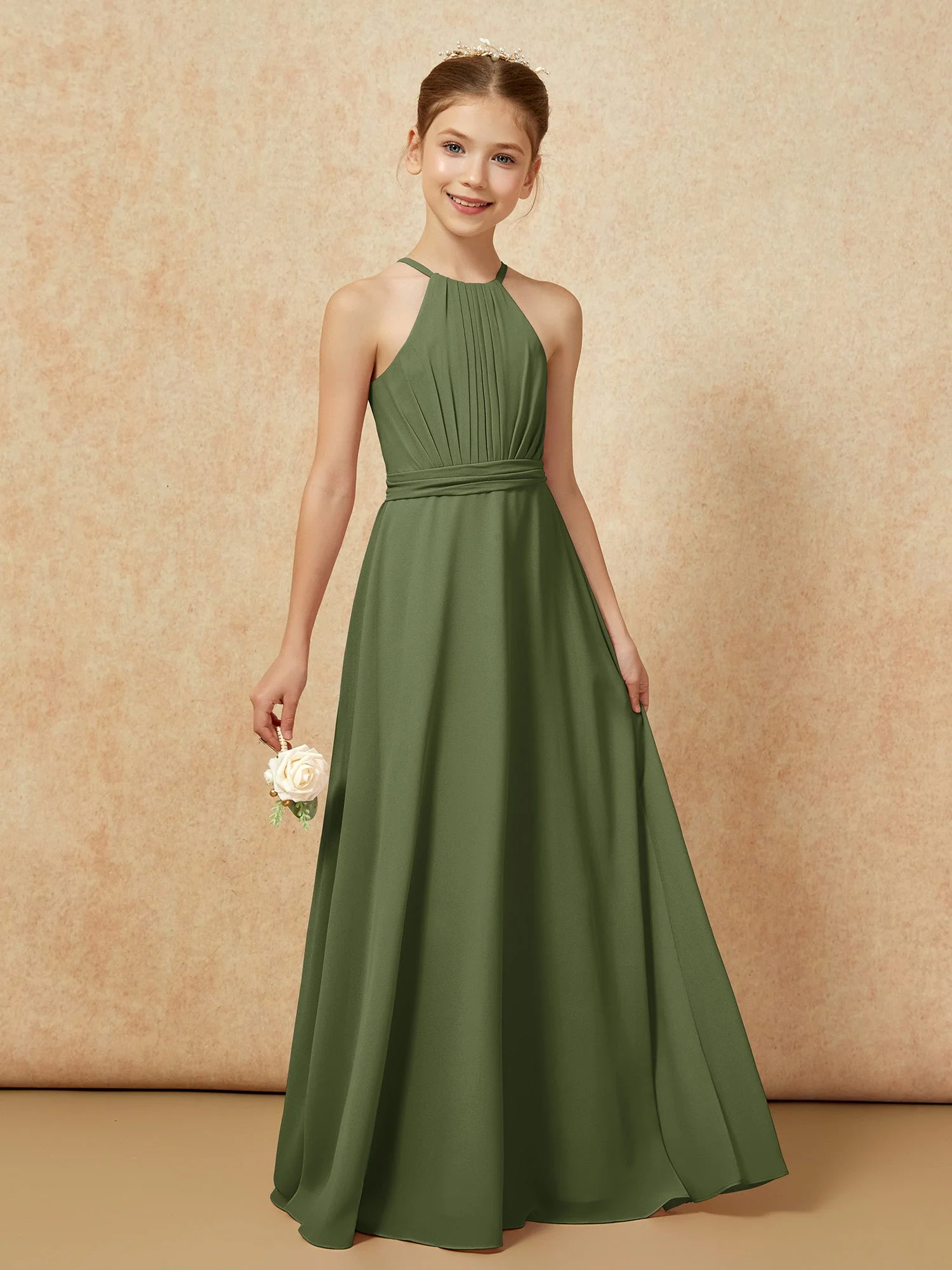 Ärmellos Plissee Lang Chiffon Junge Brautjungfernkleider Olivgrün - Image 6