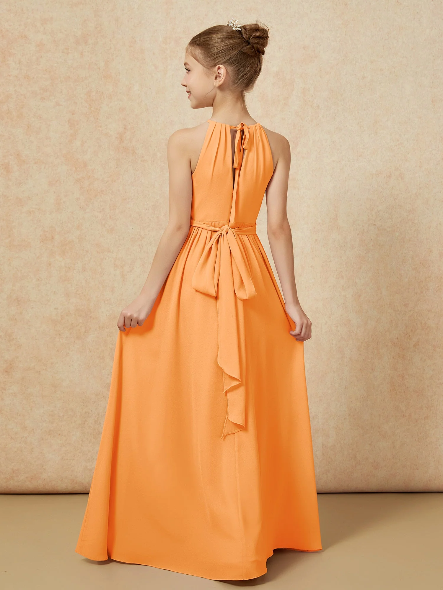 Ärmellos Plissee Lang Chiffon Junge Brautjungfernkleider Orange - Image 2