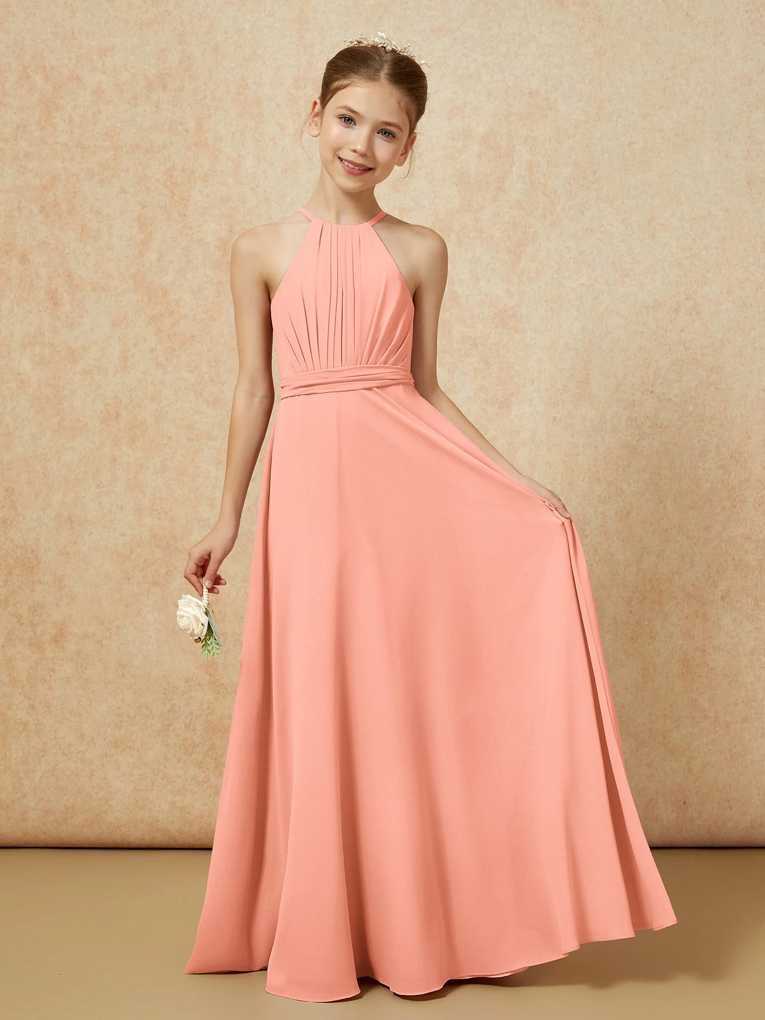 Ärmellos Plissee Lang Chiffon Junge Brautjungfernkleider Papaya