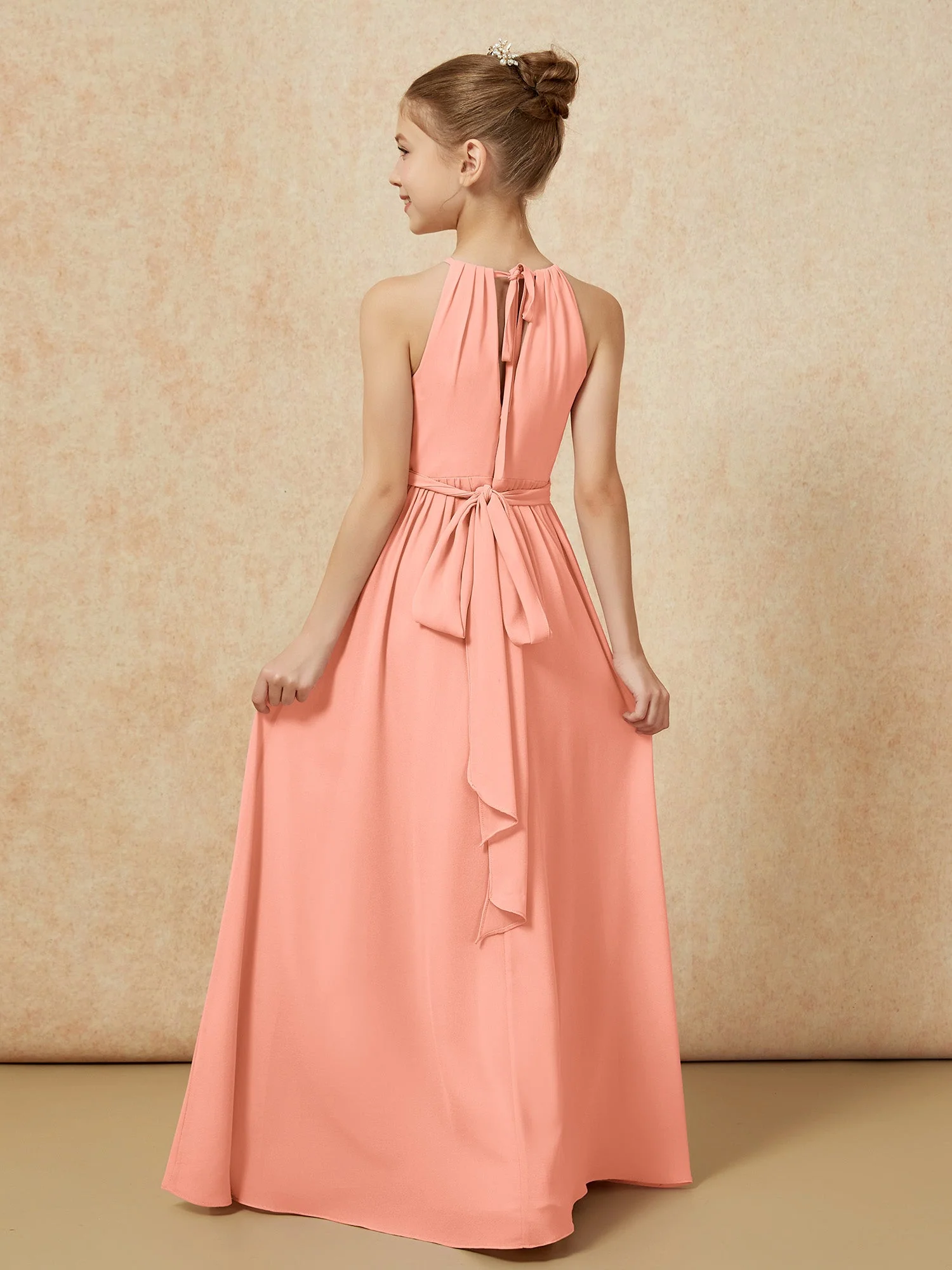 Ärmellos Plissee Lang Chiffon Junge Brautjungfernkleider Papaya - Image 2