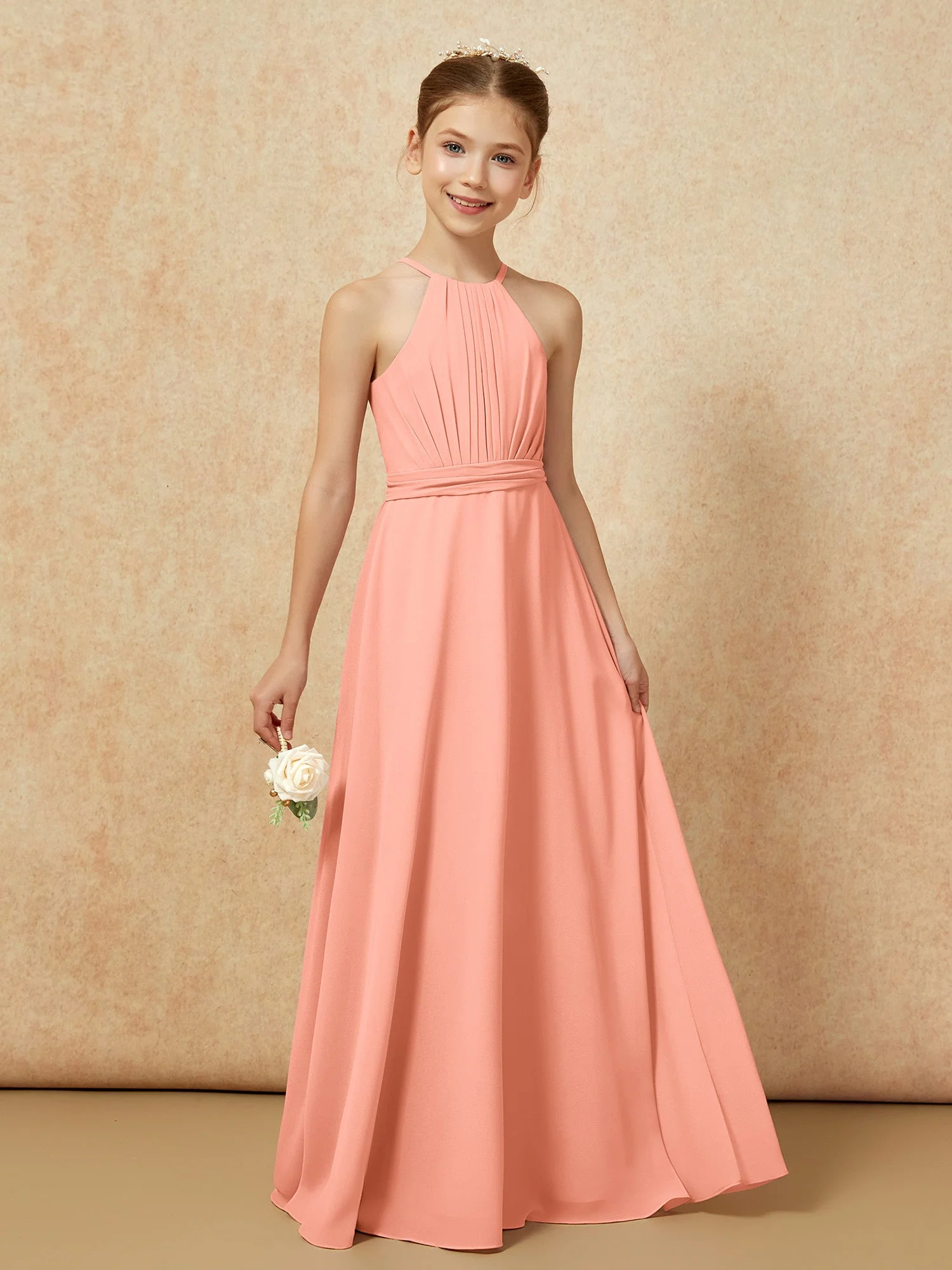 Ärmellos Plissee Lang Chiffon Junge Brautjungfernkleider Papaya - Image 6