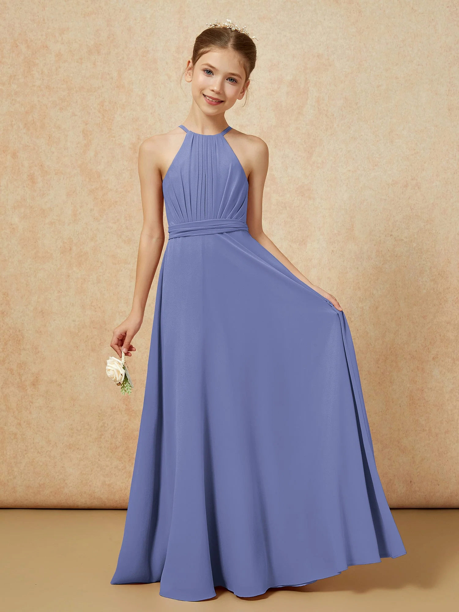 Ärmellos Plissee Lang Chiffon Junge Brautjungfernkleider Periwinkleblau