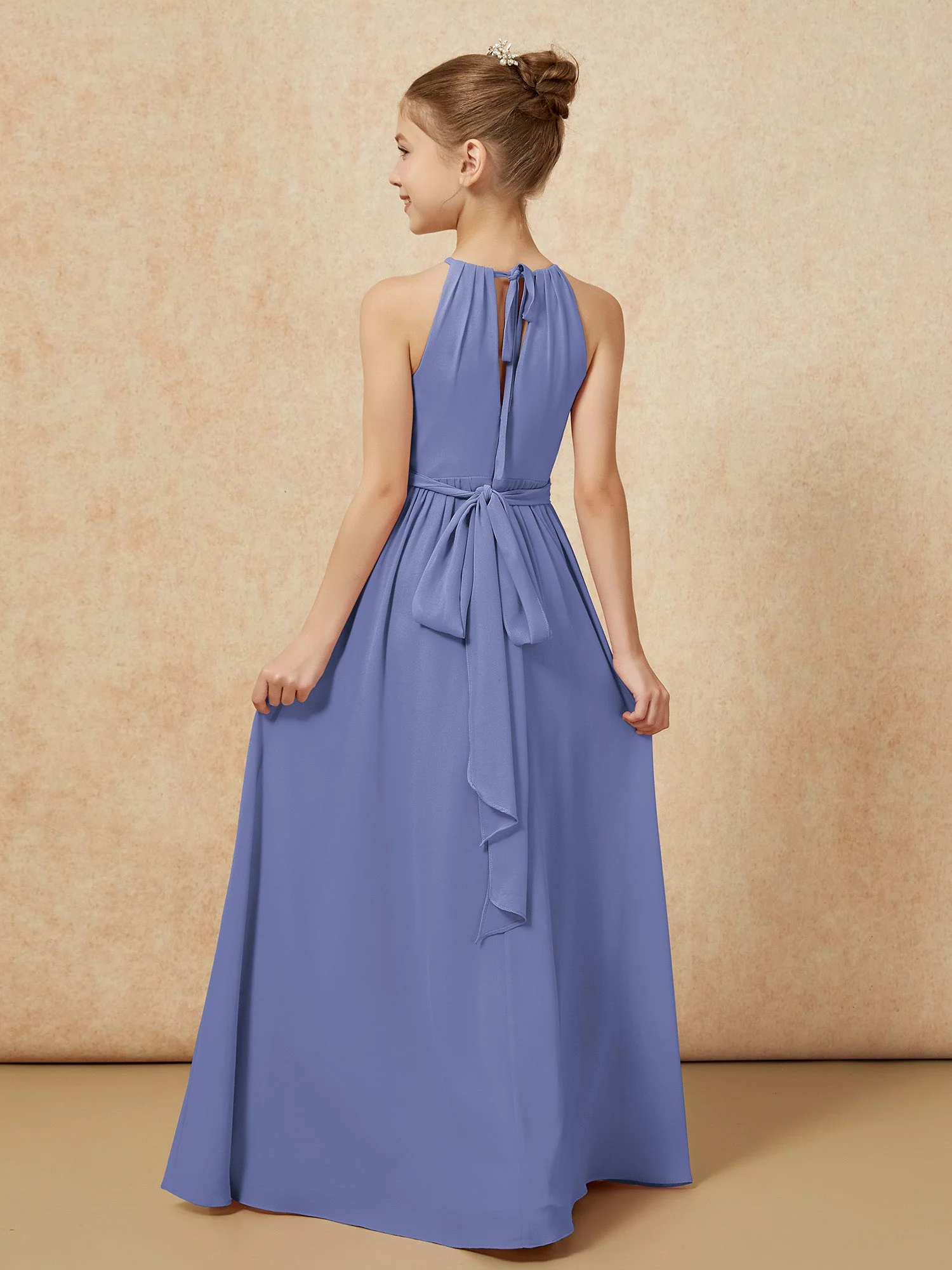 Ärmellos Plissee Lang Chiffon Junge Brautjungfernkleider Periwinkleblau - Image 2