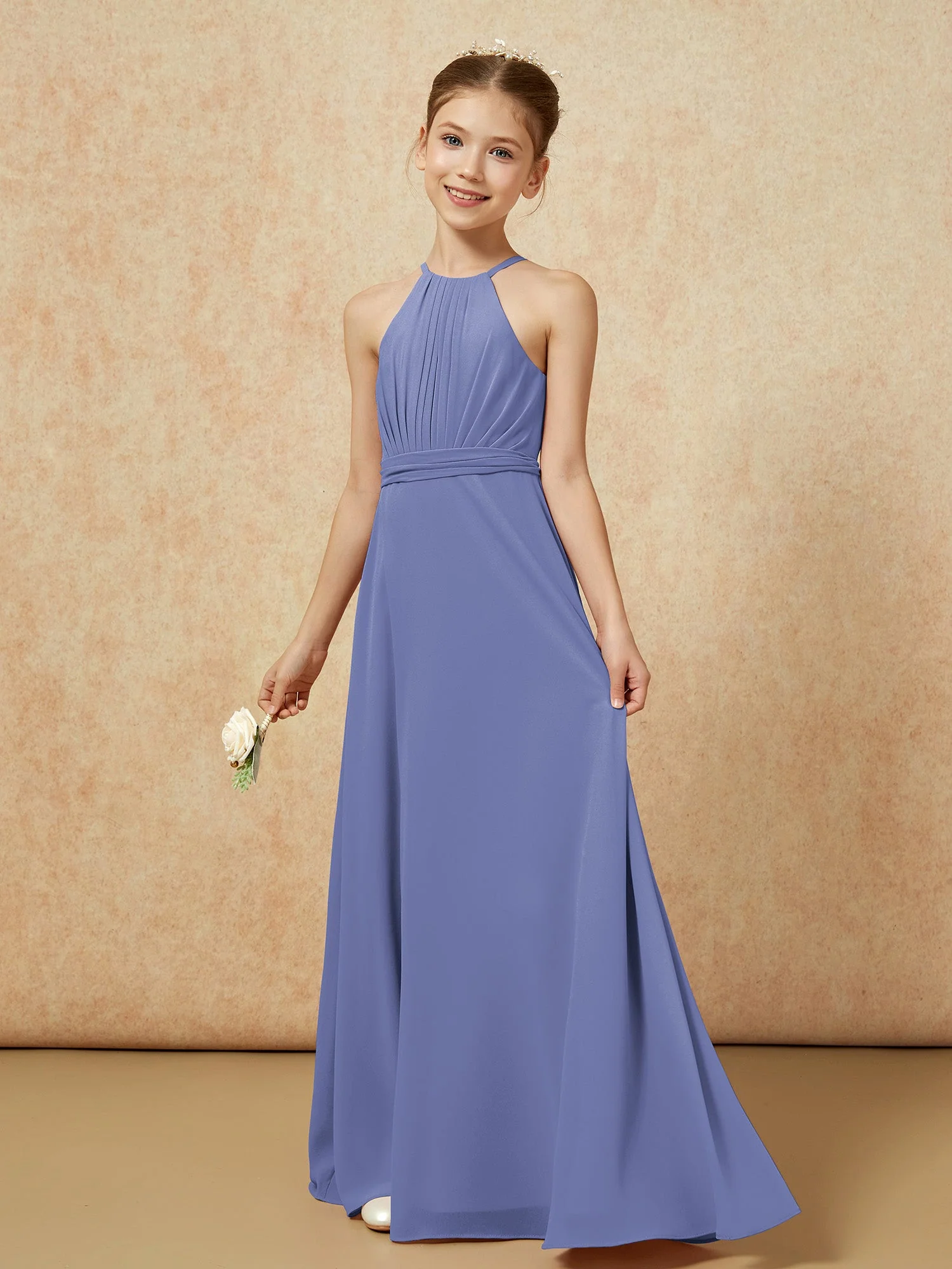 Ärmellos Plissee Lang Chiffon Junge Brautjungfernkleider Periwinkleblau - Image 3