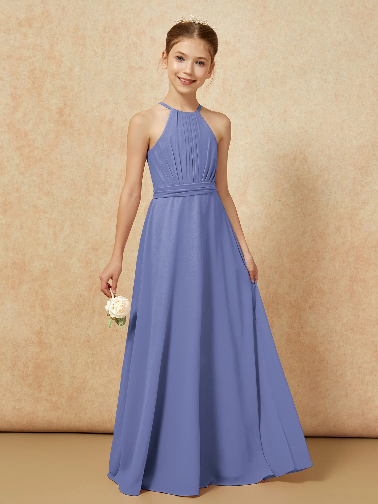 Ärmellos Plissee Lang Chiffon Junge Brautjungfernkleider Periwinkleblau - Image 6