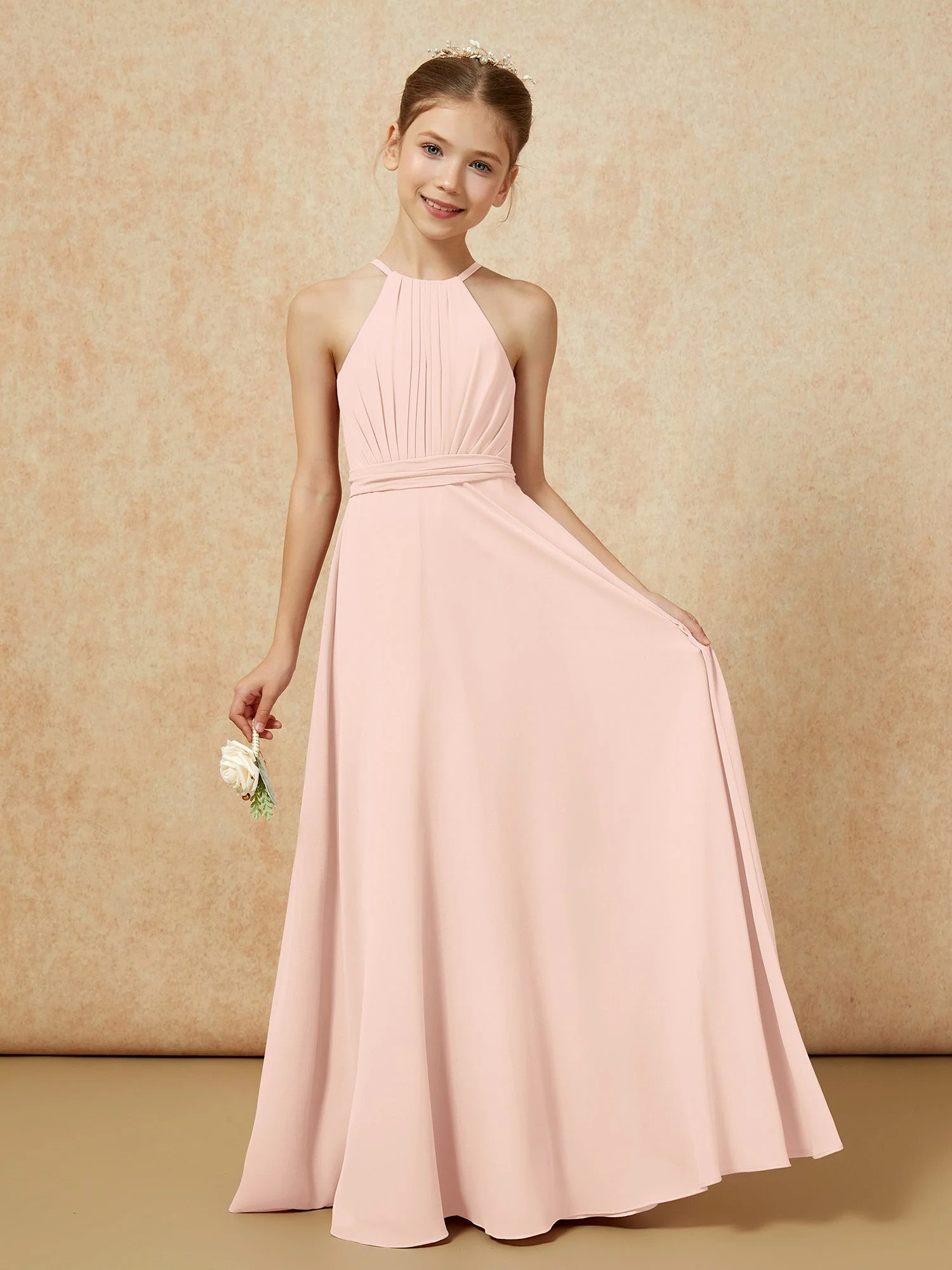 Ärmellos Plissee Lang Chiffon Junge Brautjungfernkleider Perlrosa