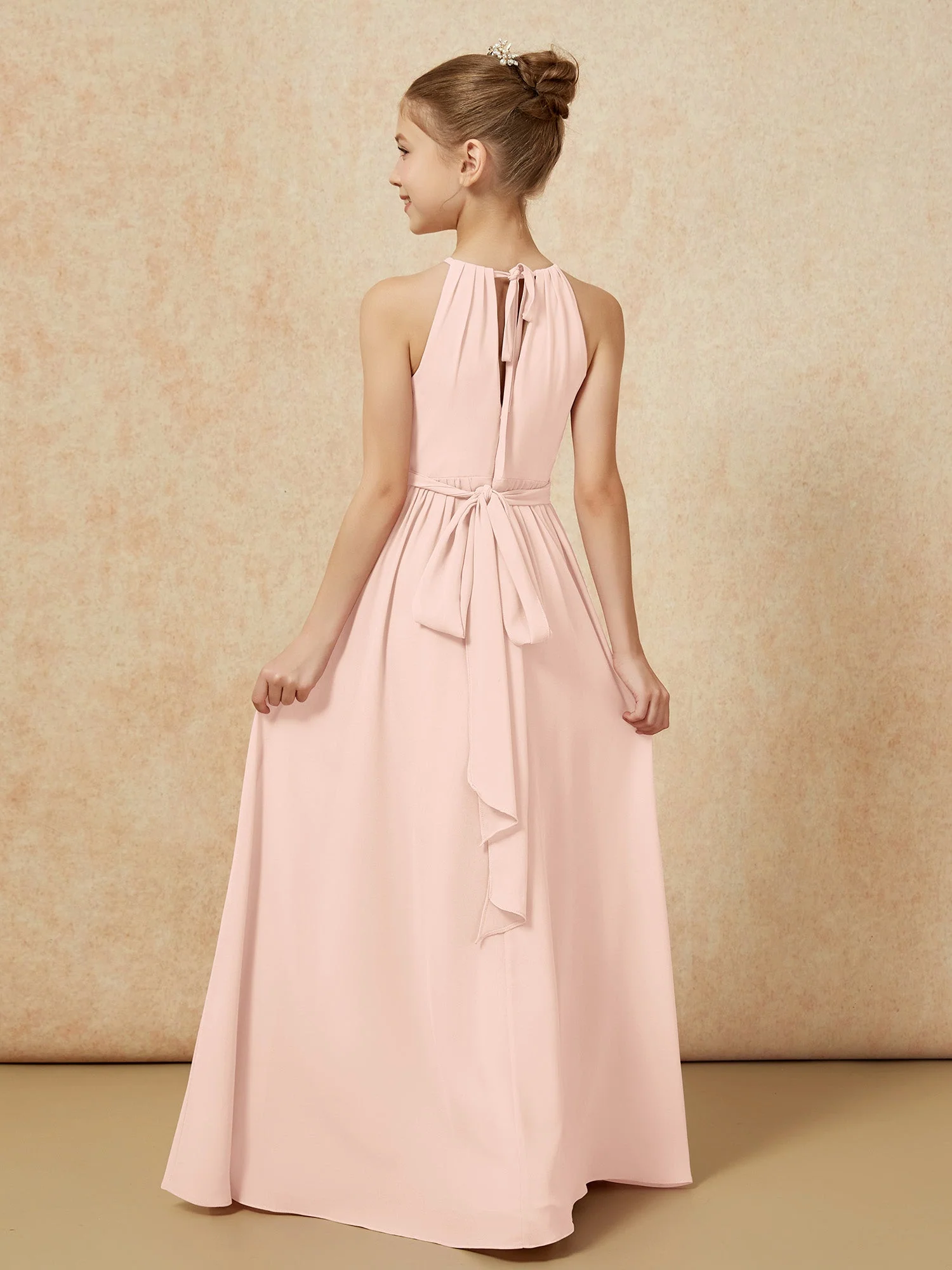 Ärmellos Plissee Lang Chiffon Junge Brautjungfernkleider Perlrosa - Image 2