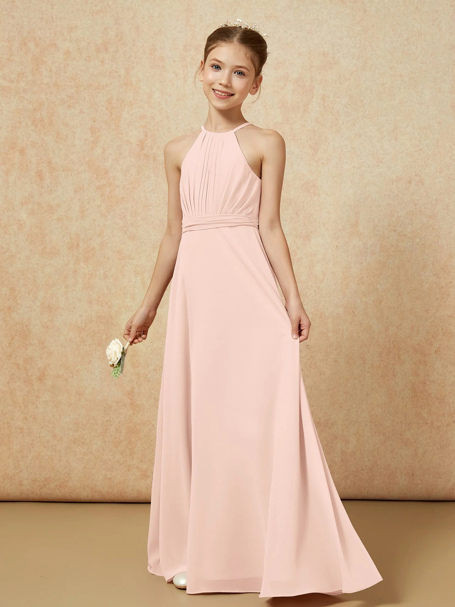 Ärmellos Plissee Lang Chiffon Junge Brautjungfernkleider Perlrosa - Image 3