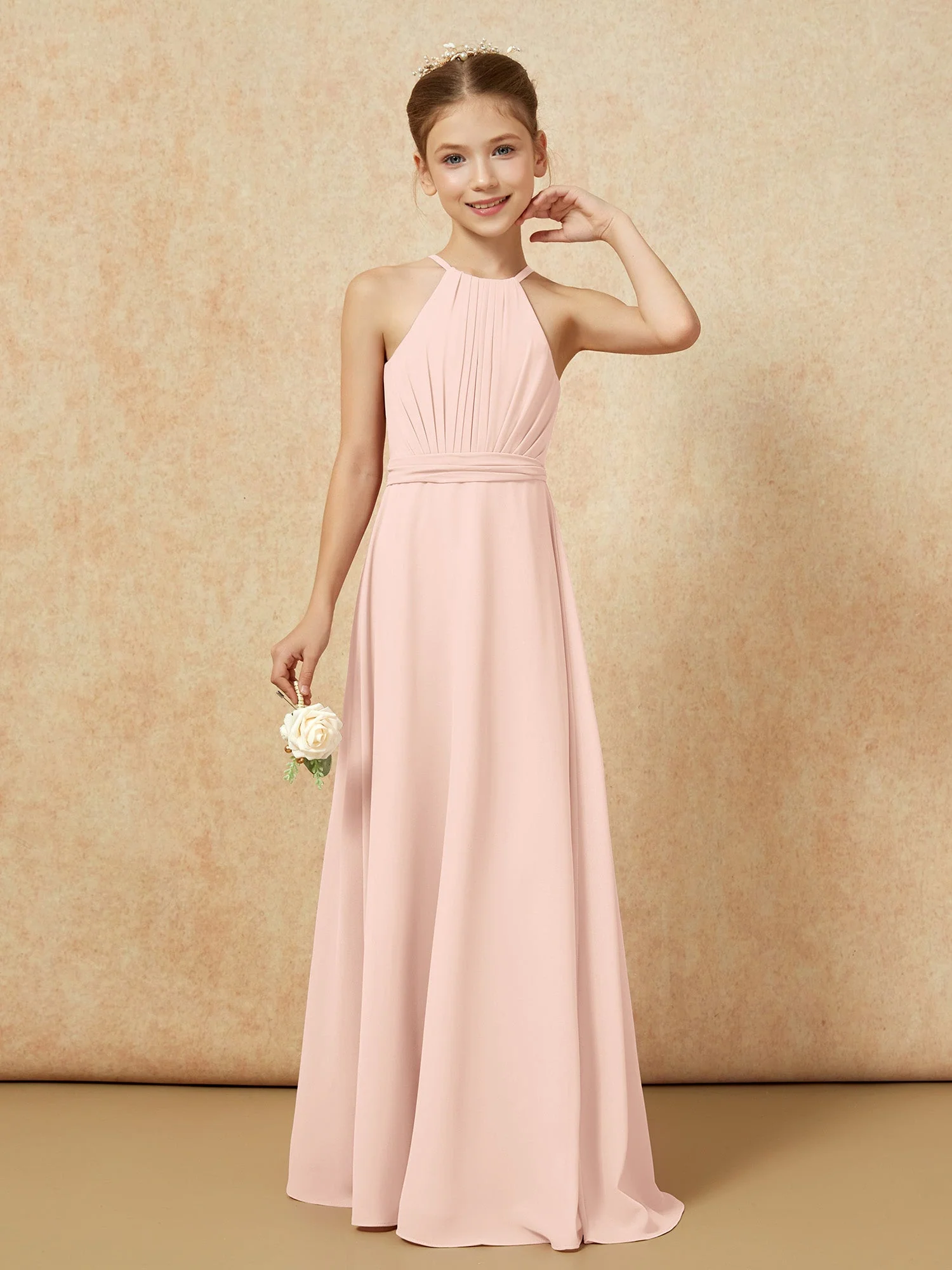 Ärmellos Plissee Lang Chiffon Junge Brautjungfernkleider Perlrosa - Image 5