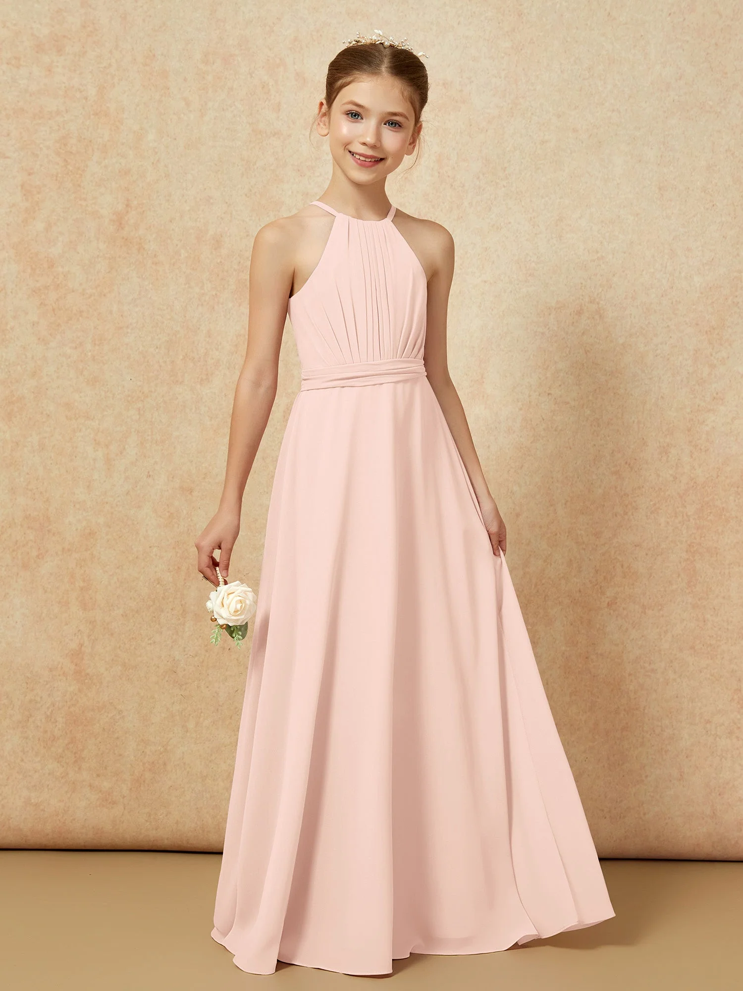 Ärmellos Plissee Lang Chiffon Junge Brautjungfernkleider Perlrosa - Image 6