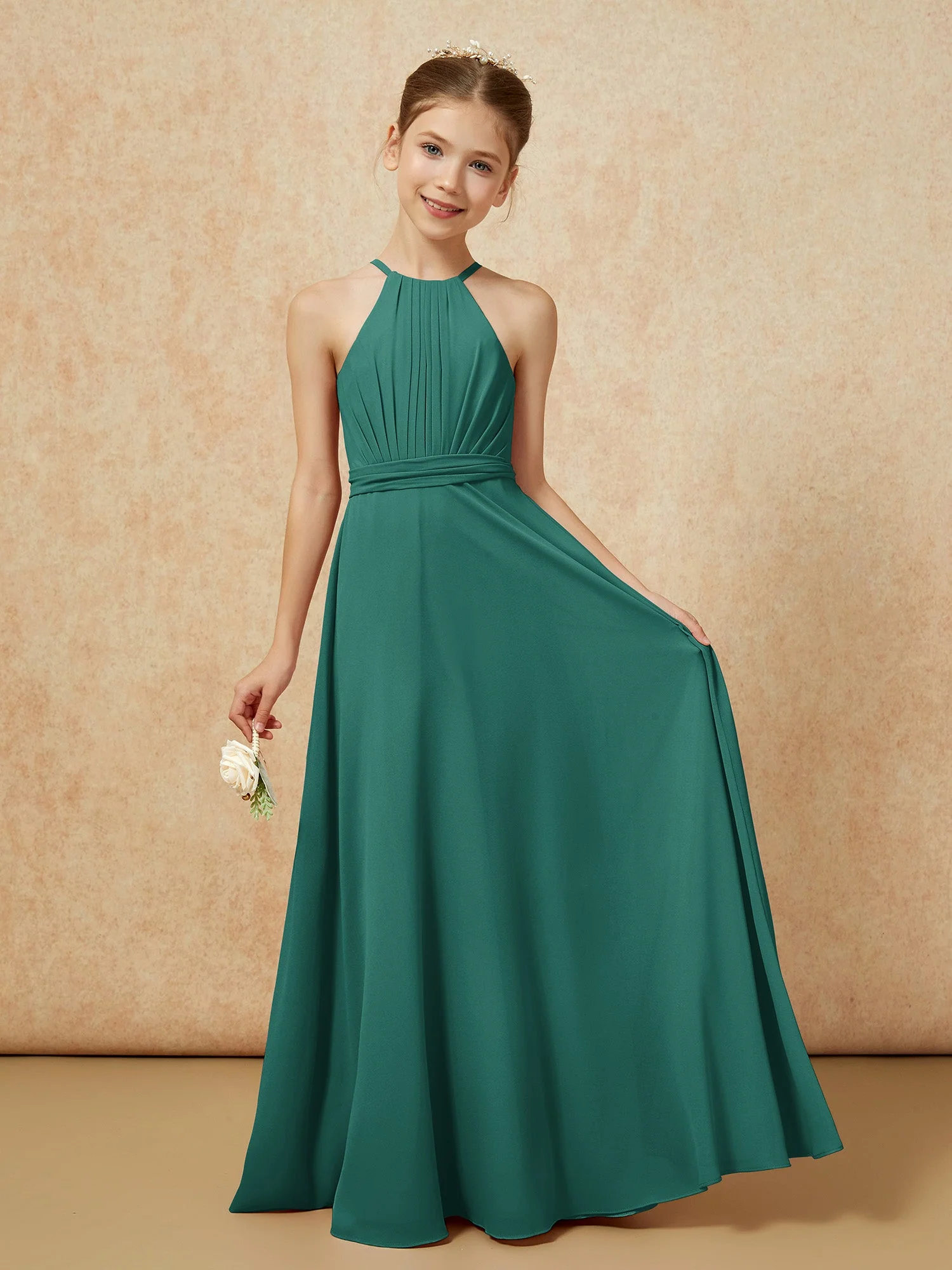 Ärmellos Plissee Lang Chiffon Junge Brautjungfernkleider Pfau
