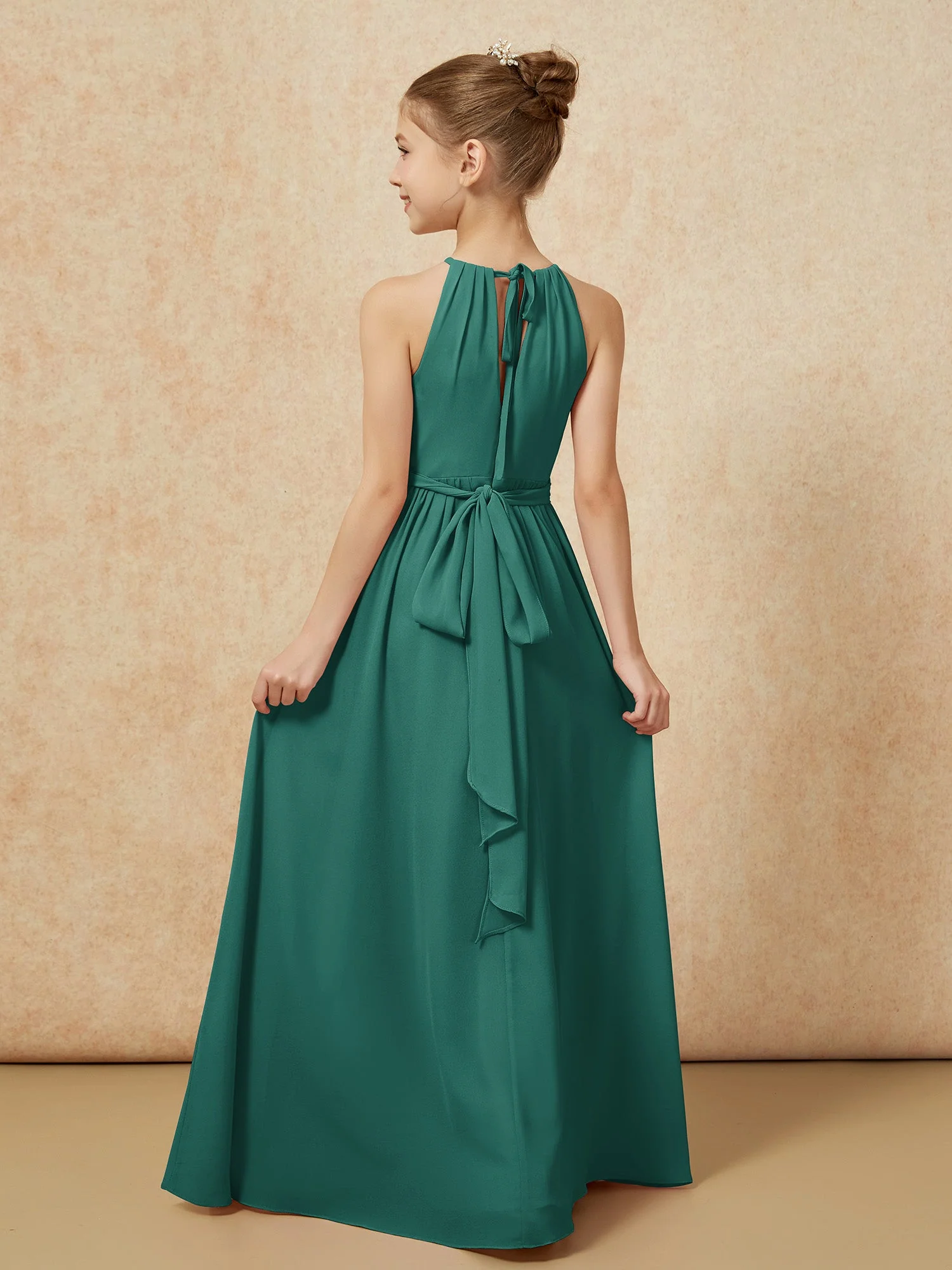 Ärmellos Plissee Lang Chiffon Junge Brautjungfernkleider Pfau - Image 2