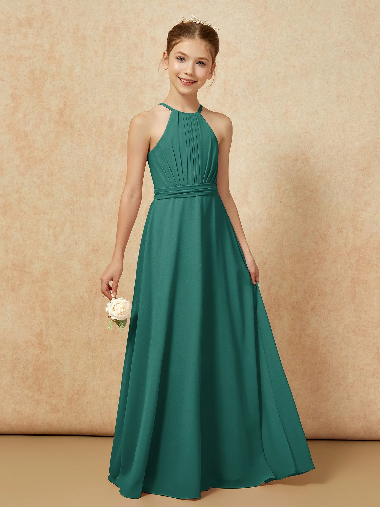 Ärmellos Plissee Lang Chiffon Junge Brautjungfernkleider Pfau - Image 6