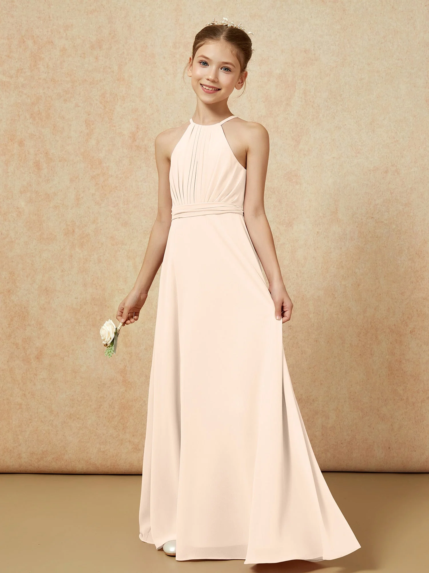 Ärmellos Plissee Lang Chiffon Junge Brautjungfernkleider Pfirsich - Image 3