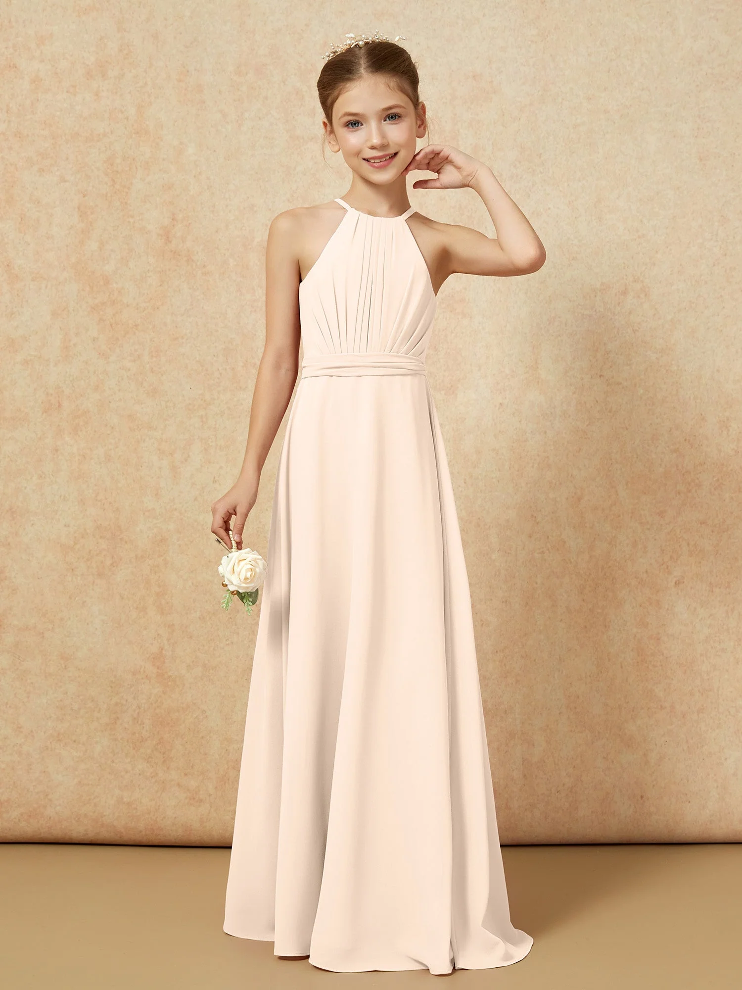 Ärmellos Plissee Lang Chiffon Junge Brautjungfernkleider Pfirsich - Image 5